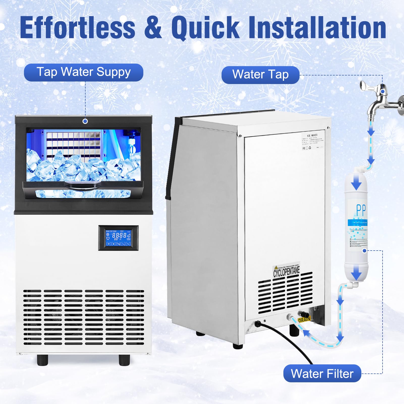 Commercial Ice Maker Machine - 90LBS/24H, 33LBS Storage Bin, Makes 4x10 Cubes in 15 Mins, 210W 120V Stainless Steel, Self-Cleaning - Perfect for Home Bars, Restaurants, and Outdoor Parties