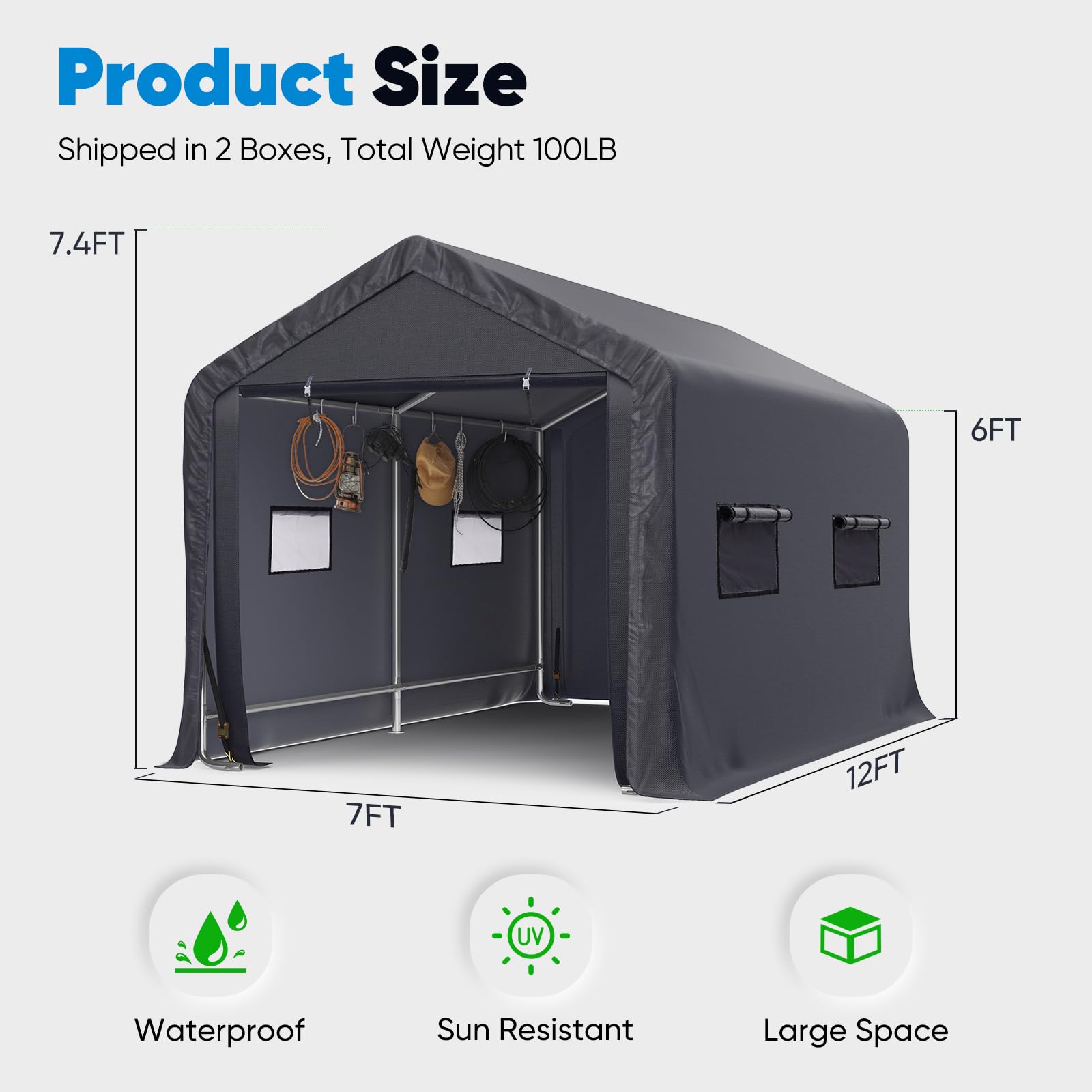 Heavy Duty 7'x12' Portable Carport Garage Shelter with Roll-Up Ventilated Windows - Dark Gray Outdoor Storage for Motorcycles, Lawn Mowers, Bikes & Patio Furniture - Perfect for Backyard, Driveway & RV Storage