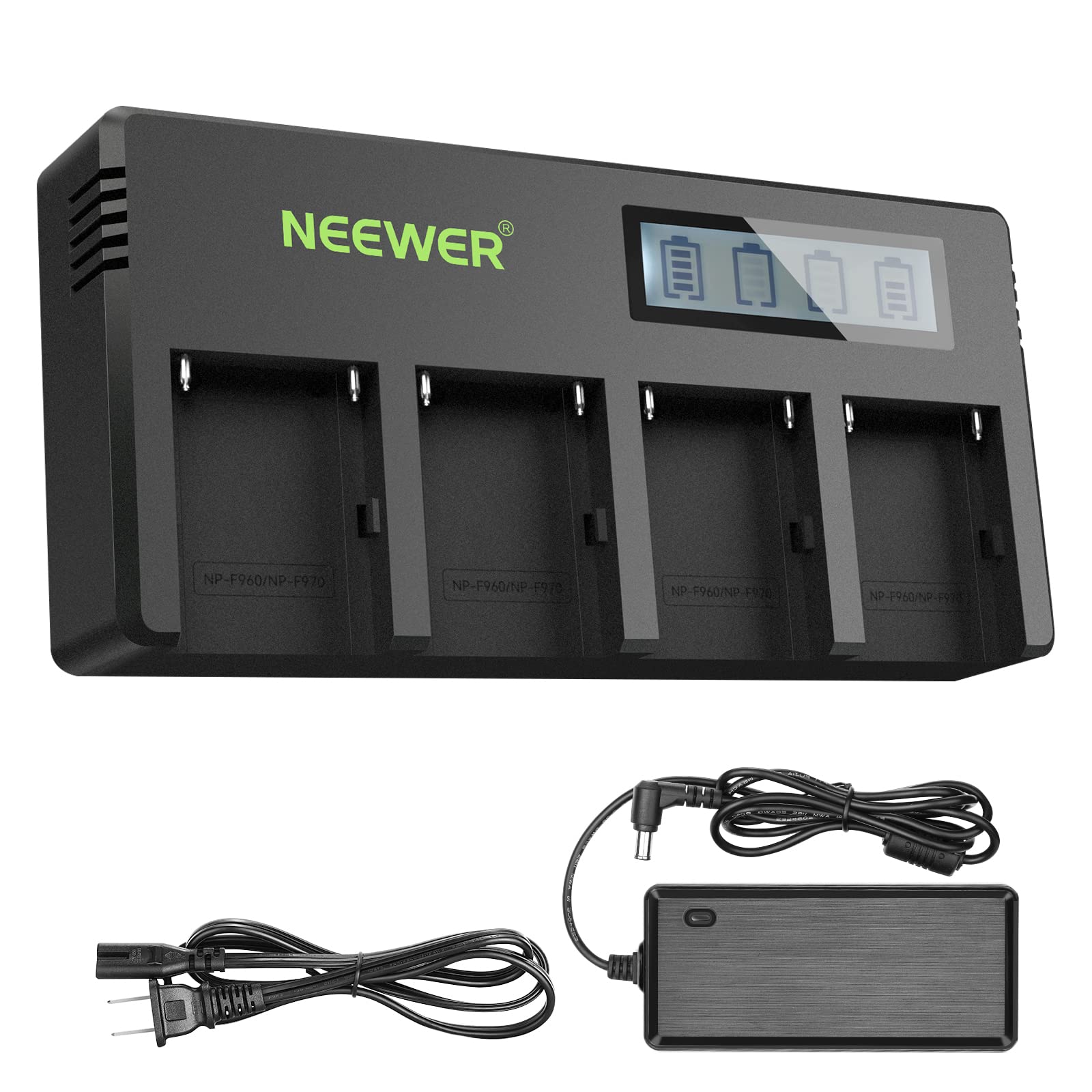 Neewer 4-Channel LCD NP-F Battery Charger with Power Adapter - Compatible with Sony NP-F550 F570 F750 F770 F930 F950 F960 F970 FM50 FM500H QM71 QM91 QM71D QM91D - Fast Charging for Camcorders, DSLRs & Video Equipment