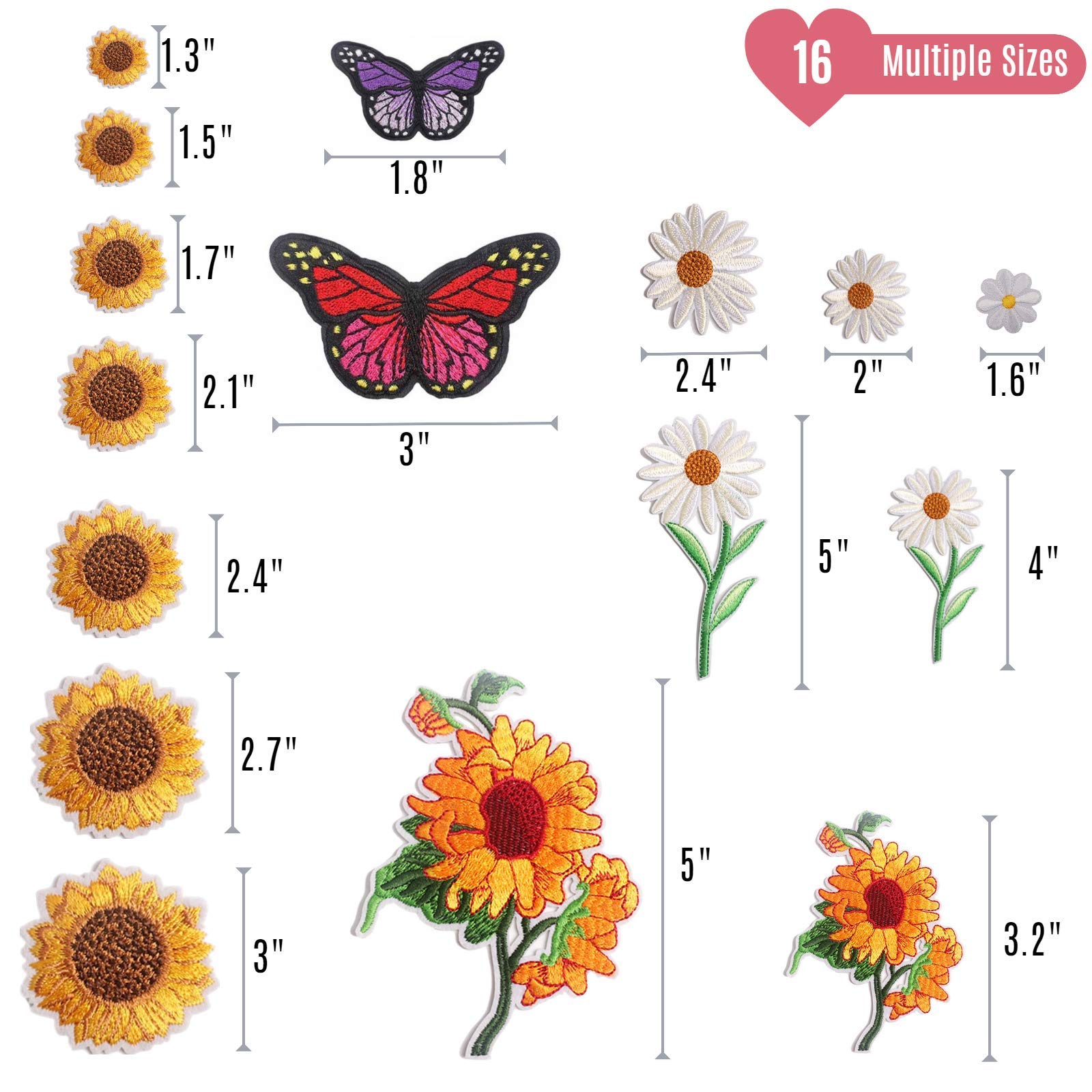 NNHOM 35-Piece Embroidered Iron-On Patch Set for Clothing - Sunflower & Butterfly Designs, Large Size Cute DIY Patches for Jeans, Bags, Jackets & Crafts | Perfect for DIY Fashion, Backpack Decor & Custom Clothing Projects
