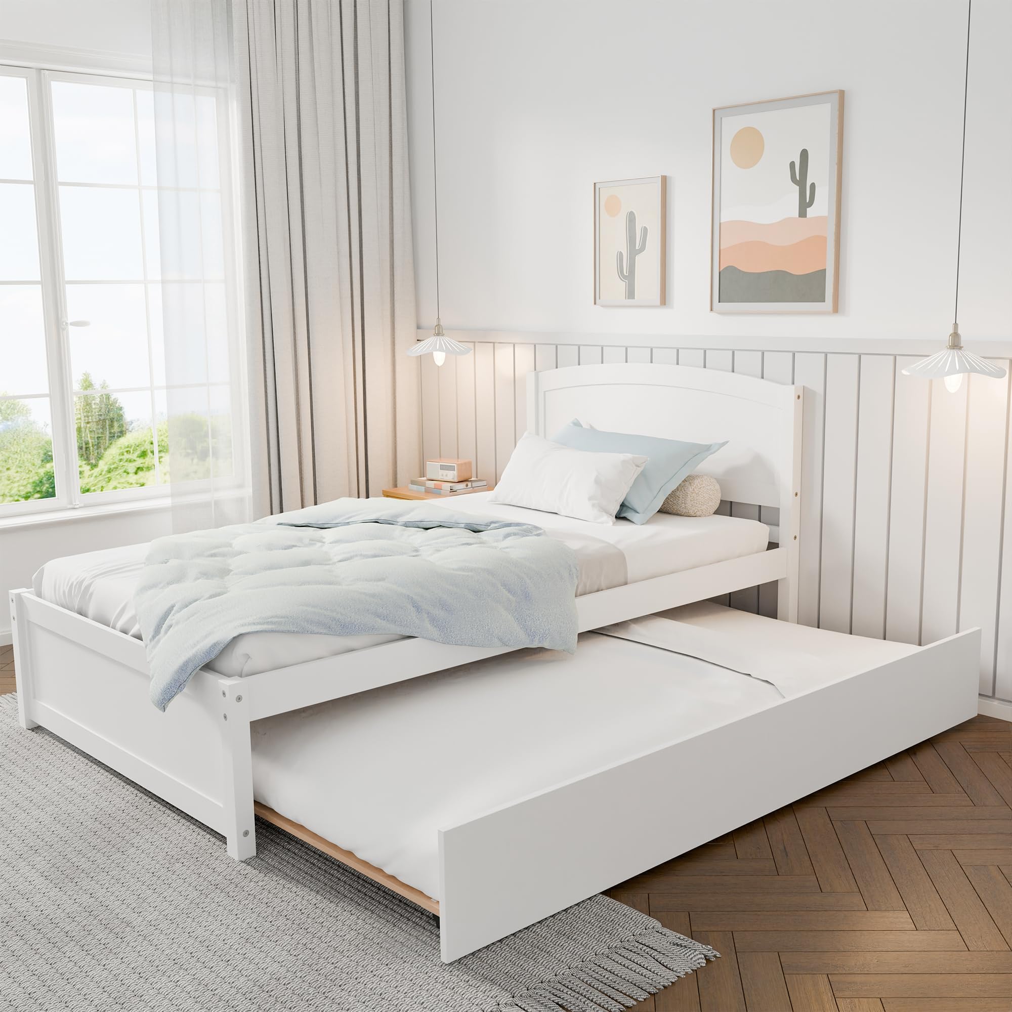 Solid Wood Twin Size Daybed with Trundle - Pull Out Extendable Guest Bed with Slat Support (White) - Perfect for Small Spaces, Guest Rooms & Dorm Rooms