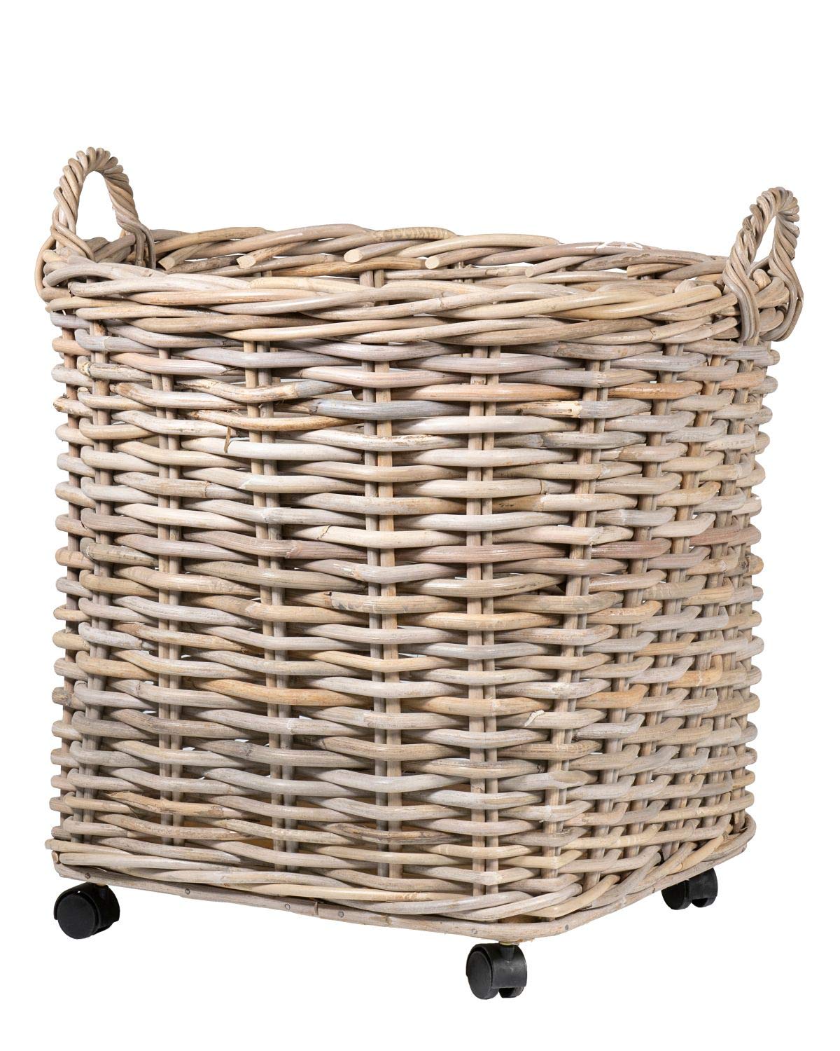 East at Main Maya Round Rattan Storage Basket with Wheels - Natural Woven Organizer for Home, Office, or Nursery Decor