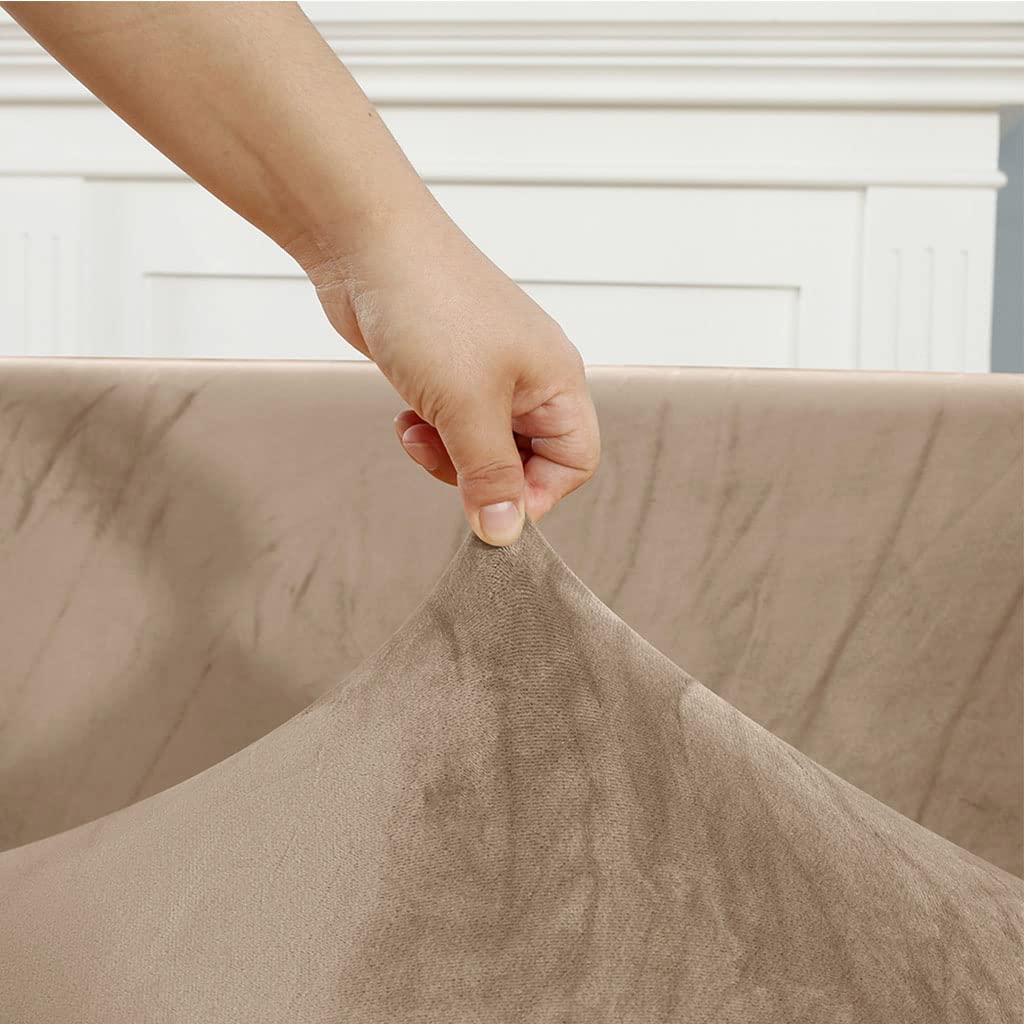 Velvet L-Shaped Sectional Sofa Slipcover - Stretchable Furniture Protector for 1, 2, 3 Seater Couches & Chaise Lounges - Pet & Dog Proof Sofa Cover (Beige, L-Shape: 2+3 Seater) - Perfect for Living Room, Family Room & Home Theater Protection