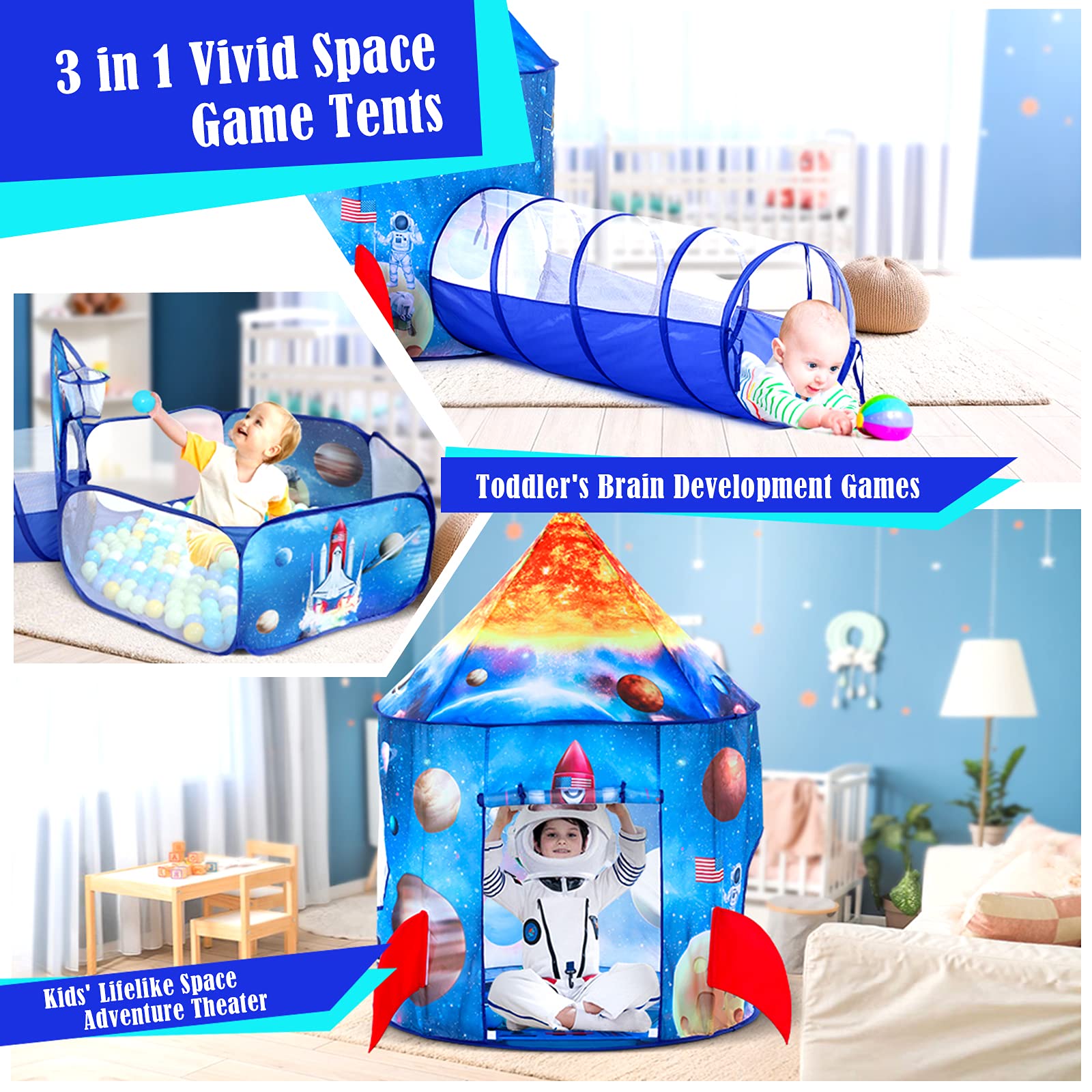 3PC Ball Pit Play Set for Toddlers - Includes Play Tent & Tunnel for Indoor & Outdoor Fun - Perfect for Boys & Girls Ages 1-5 - Great as Astronaut-Themed Birthday Gift for Kids - Ideal for Playrooms, Backyards & Birthday Parties