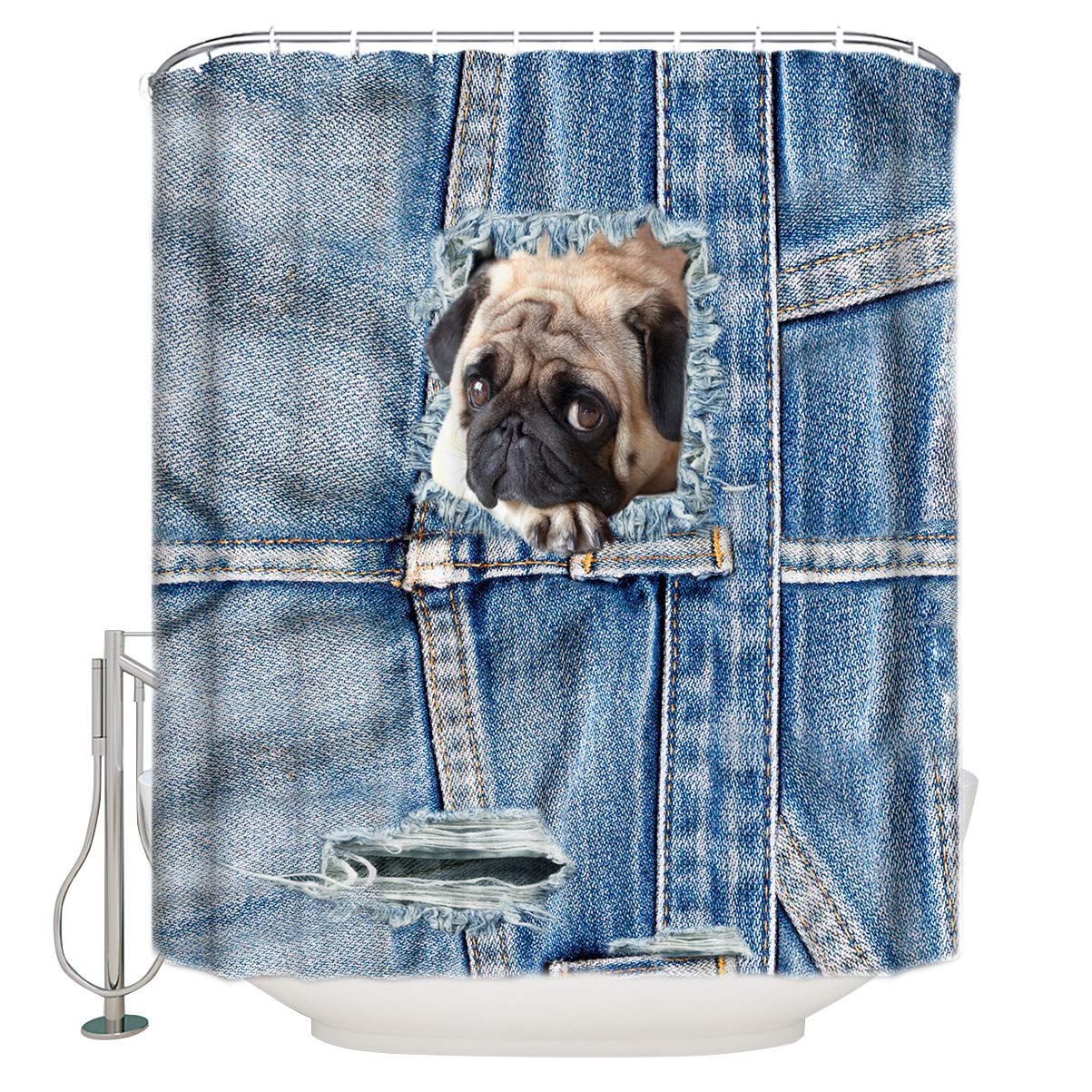 T&H XHome Luxury Cowboy Pug Dog Shower Curtain Set with Hooks - 60x72 Inch Waterproof Polyester Fabric Bathroom Decor for Home, Hotel & Apartment - Perfect for Western-Themed Bathrooms & Pet Lovers