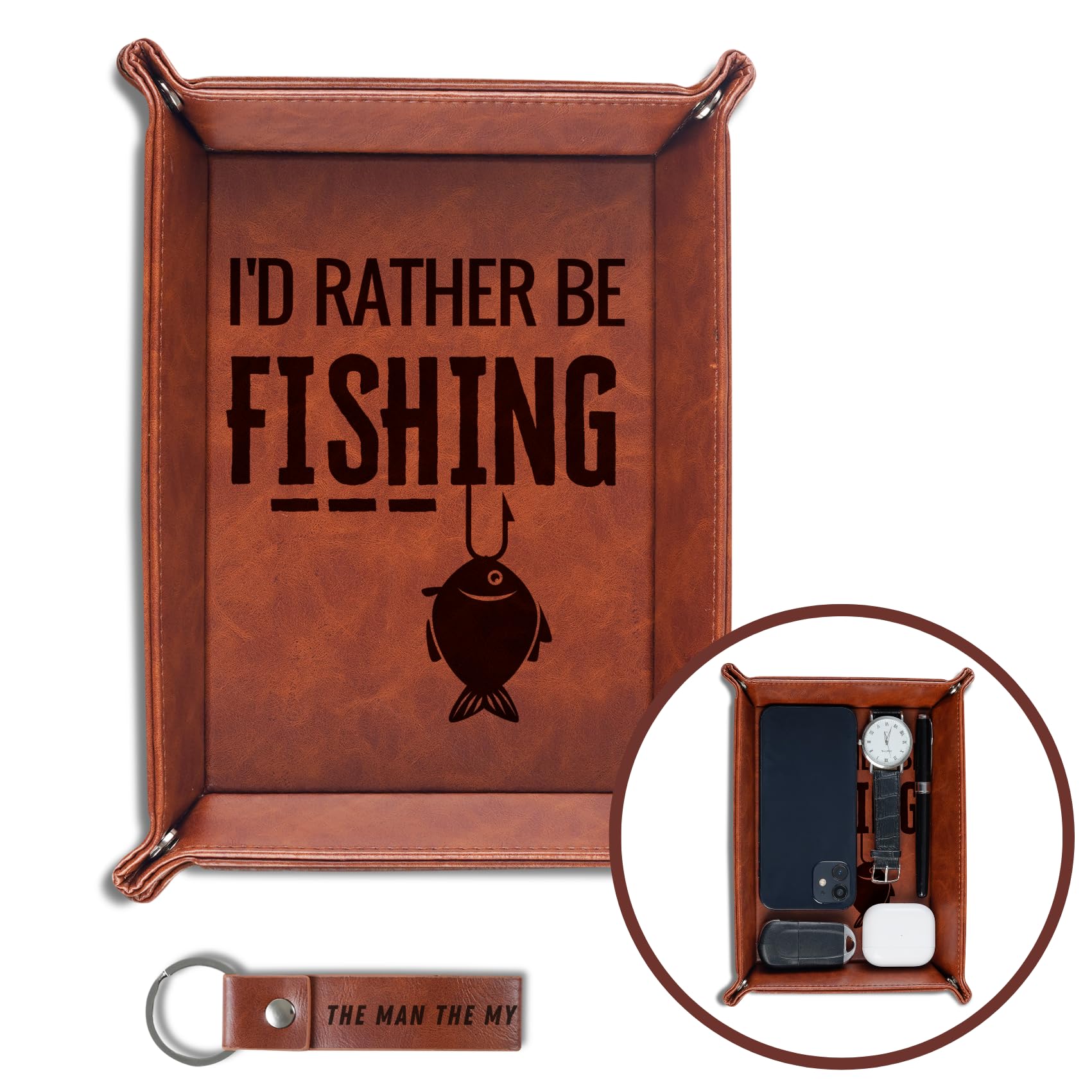 INNObeta Fishing Valet Tray - PU Leather Desktop Organizer for Keys & Coins | Perfect Gift for Fishermen (Birthday, Christmas) | Great for Bedside, Office, or Boat Storage | I'd Rather be Fishing