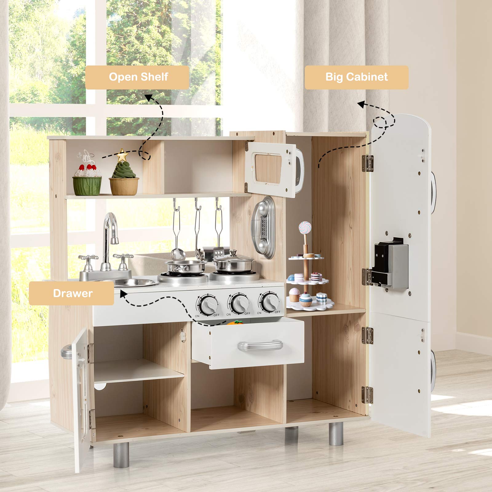 Costzon Wooden Kids Kitchen Playset with Oven, Sink, Cabinets & 20+ Pretend Cooking Accessories - Interactive Learning Toy for Toddlers Age 3+ | Perfect for Pretend Play, Role-Playing & Early Childhood Development (Natural)