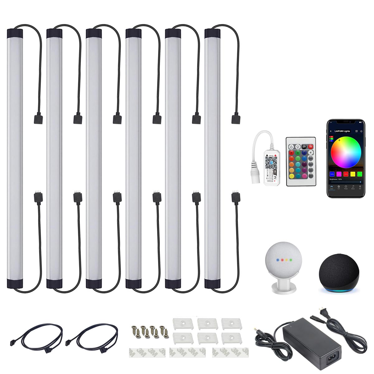 Dimmable Under Cabinet Lighting Kit - 20 Inch LED Light Bar with RF Remote, RGB Color Changing, Alexa Compatible - Smart Linkable Lights for Kitchen, Desk, Workbench, Shelf (6 Pack) - Perfect for Task Lighting and Home Decor