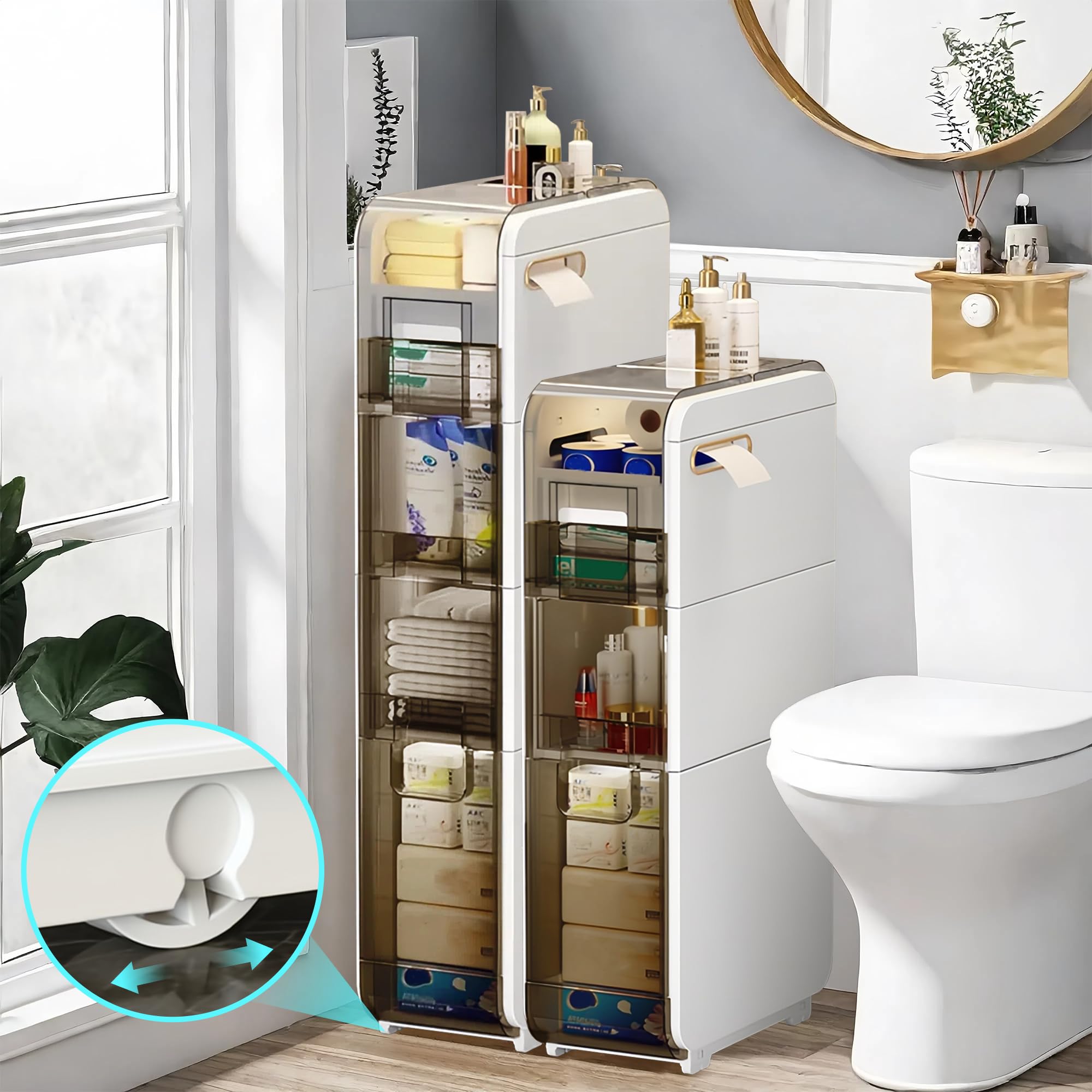 4-Tier Narrow Slim Bathroom Storage Cabinet - Free Standing Toilet Paper Holder with Drawers - Waterproof Space-Saving Organizer for Small Bathrooms, Kitchen, Laundry Room & Living Room - Perfect for Apartments, Dorms and Tiny Homes