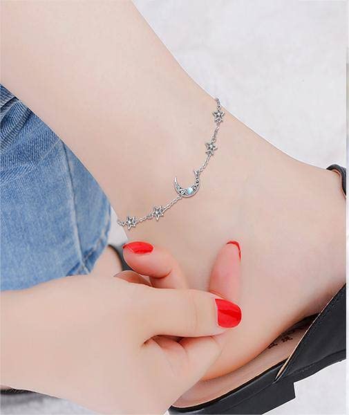 CRMAD Moonstone Sterling Silver Anklet for Women - Moon, Star, Daisy, Turquoise & Rose Flower Charms - Irish Jewelry for Beach, Yoga & Boho Fashion