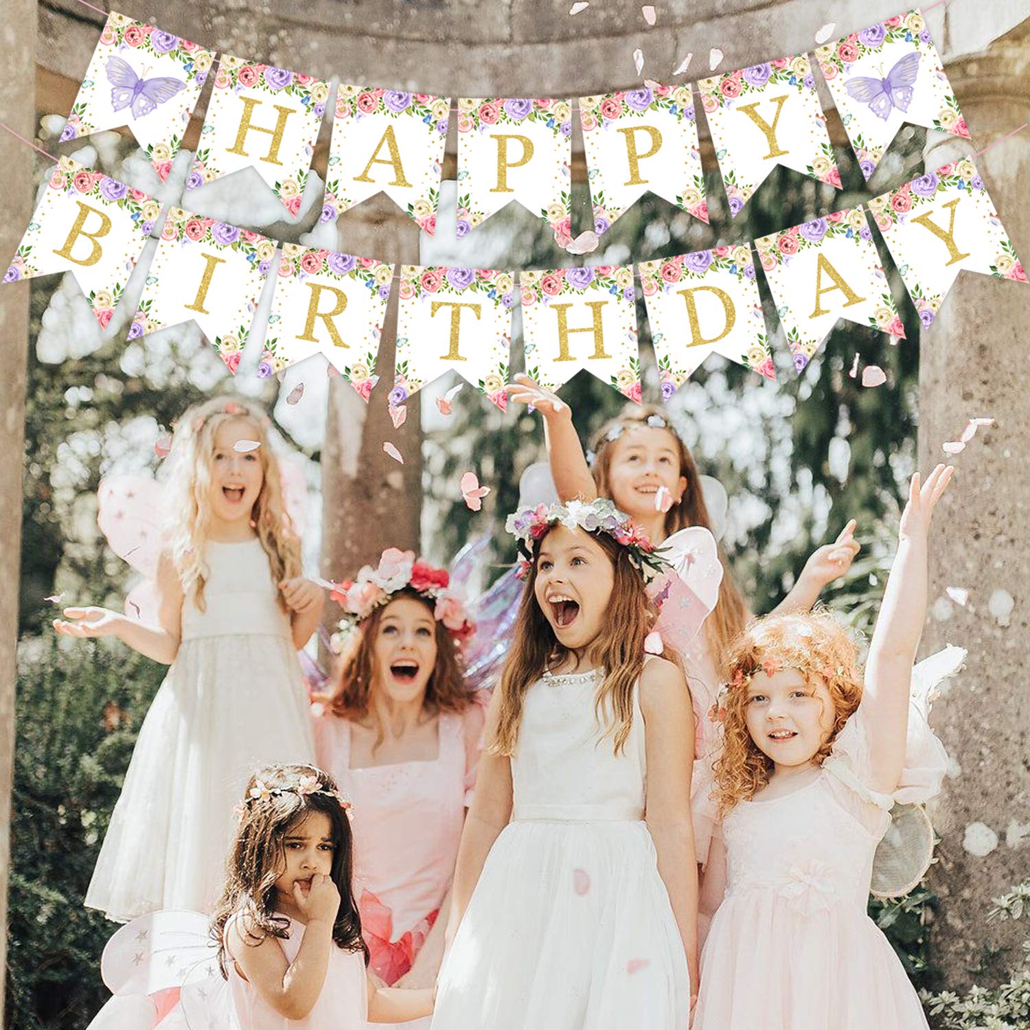 Butterfly Floral Birthday Banner - Pink & Purple 1st 2nd 3rd Birthday Party Decorations for Girls, Women - Fairy Garden Theme Birthday Supplies for Baby Shower, Kids Party, Nursery Decor