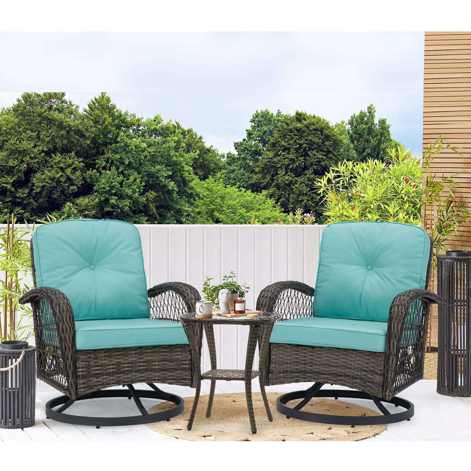 EROMMY 3-Piece Outdoor Swivel Rocking Chair Set with 360° Rotation, Thickened Cushions & Glass Coffee Table - Patio Conversation Furniture for Backyard, Garden or Poolside (Blue)