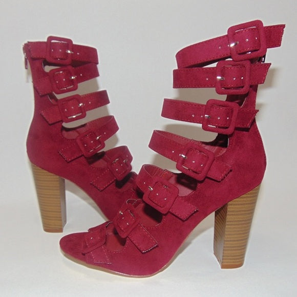 Sexy Strappy Peep Toe Chunky Heel Booties for Women - Elegant Wine Red Ankle Boots for Night Out, Party & Date Night