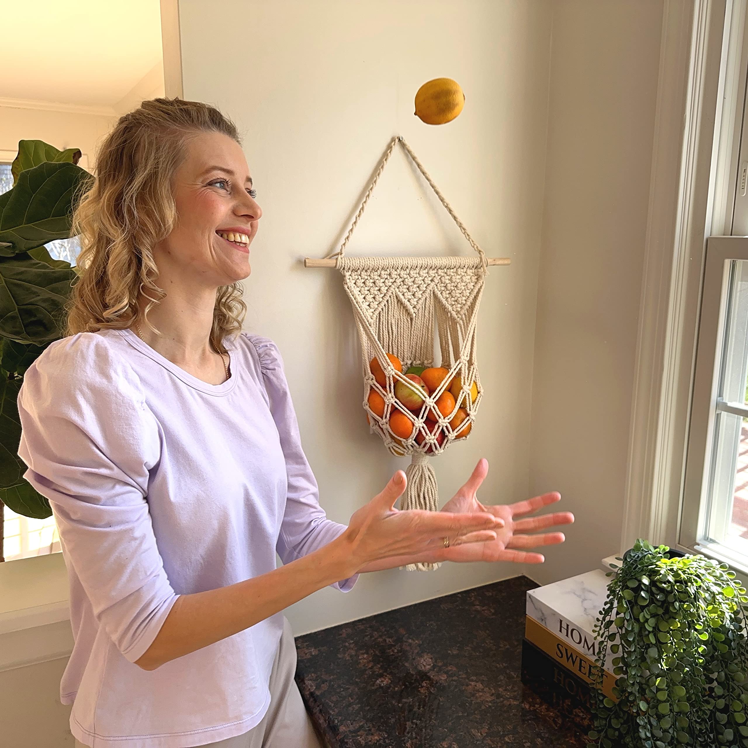 Macrame Wall Mounted Fruit Basket - Boho Kitchen Decor for Fresh Fruits & Vegetables | Perfect for Small Spaces, Pantry Organization & Stylish Home Decor