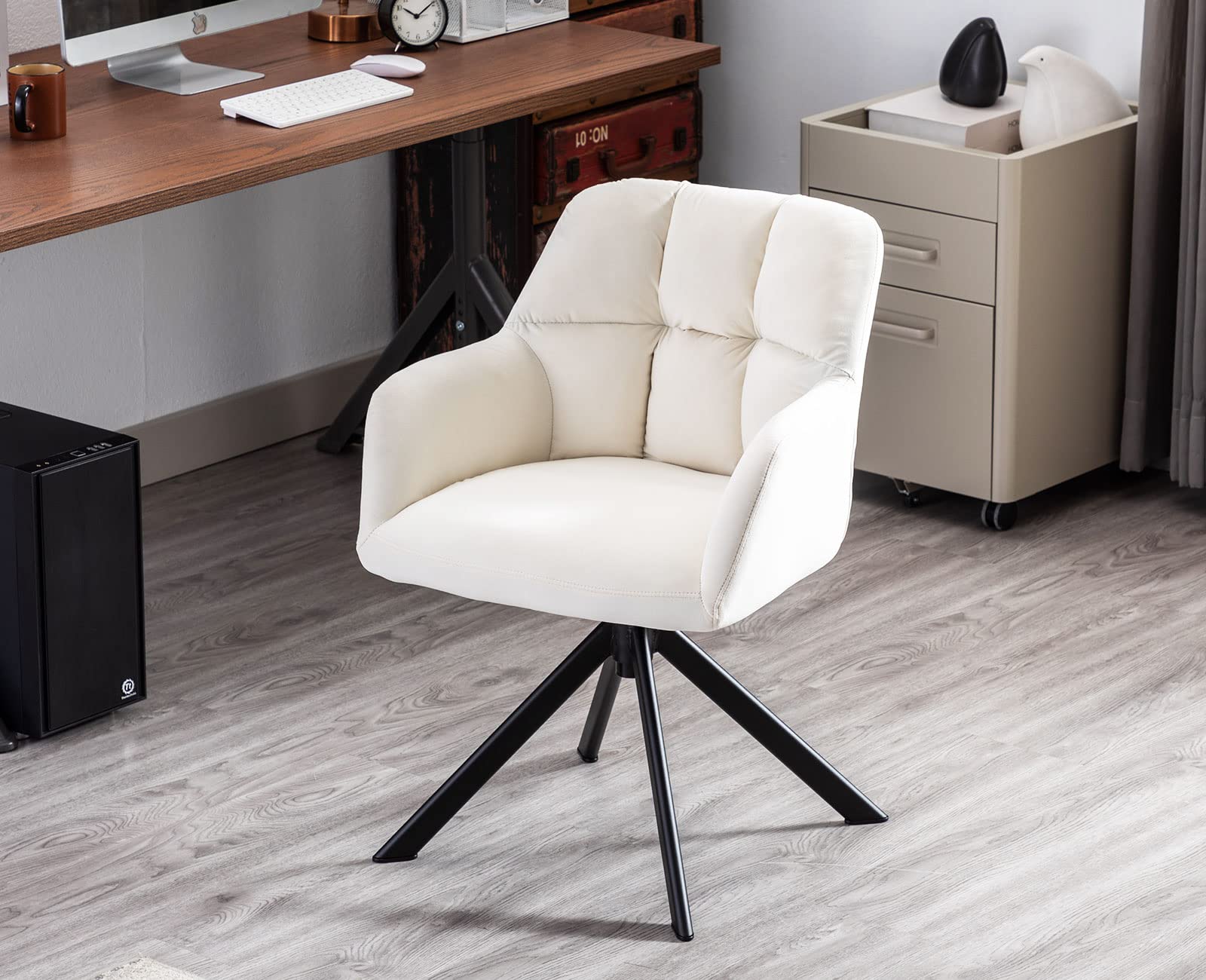 Velvet Swivel Accent Chair with Armrests - Mid Back Upholstered Desk Chair for Small Spaces, No Wheels - Perfect for Home Office, Bedroom, Living Room & Vanity Reading (White)