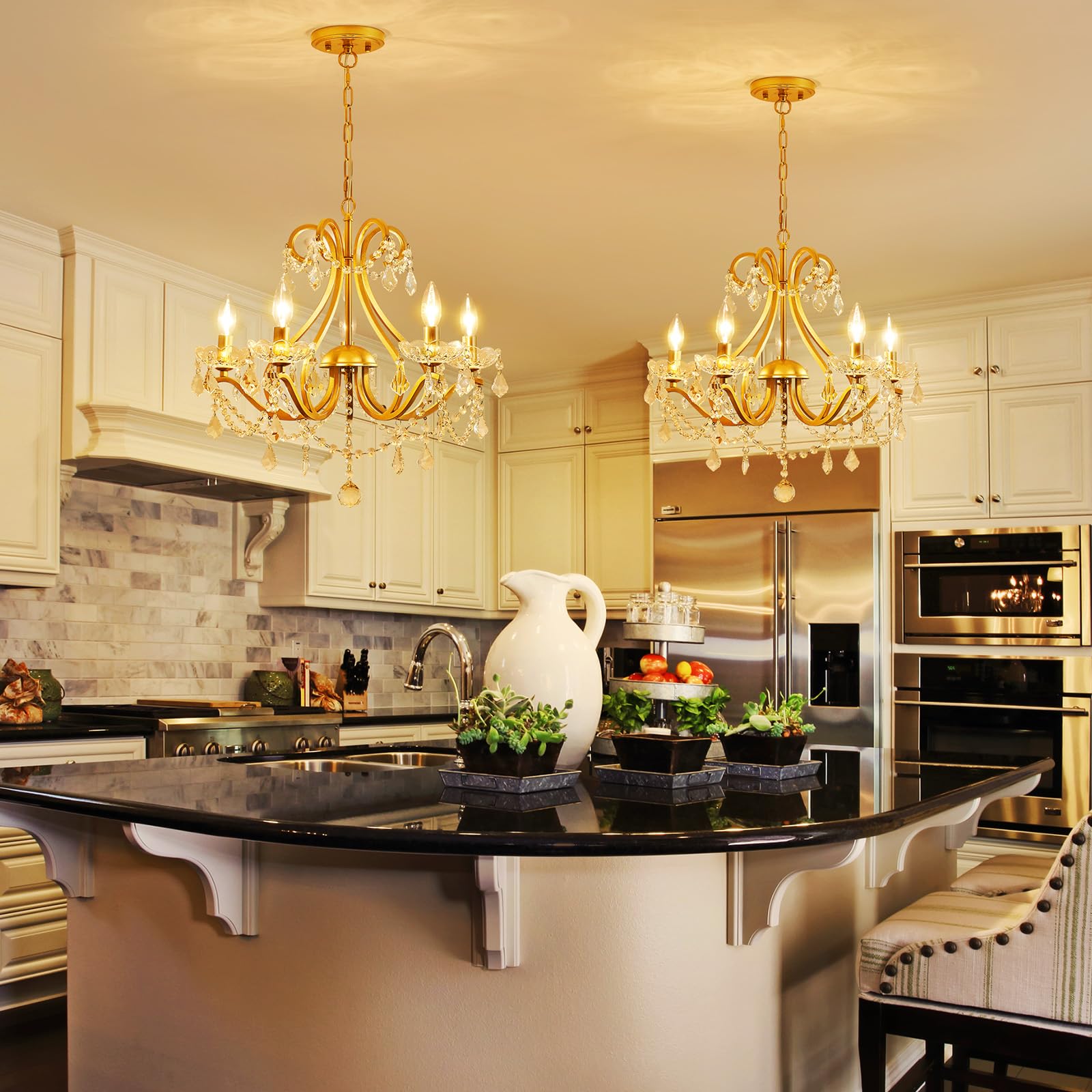 WUZUPS Modern 5-Light Crystal Chandelier Flush Mount Ceiling Light Fixture - Gold Finish, E12 Base, 20.9