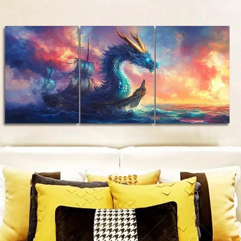 3-Piece Blue Dragon on Boat Art Deco Metal Wall Art - Ready to Hang Home Decor for Living Room, Bedroom, Office (16x24 Inches)
