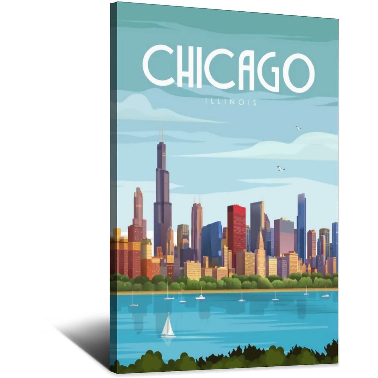 Vintage Chicago Travel Posters Canvas Wall Art - 24x36 Inch (60x90cm) Illinois Cityscape Prints for Living Room, Bedroom, Bathroom & Office Decor - Perfect for Home, Airbnb & Hotel Wall Decoration