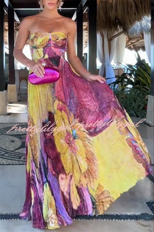 Elegant Floral Print Sweetheart Neck Pleated Maxi Dress for Women | Summer Beach Wedding Party Cocktail Dress