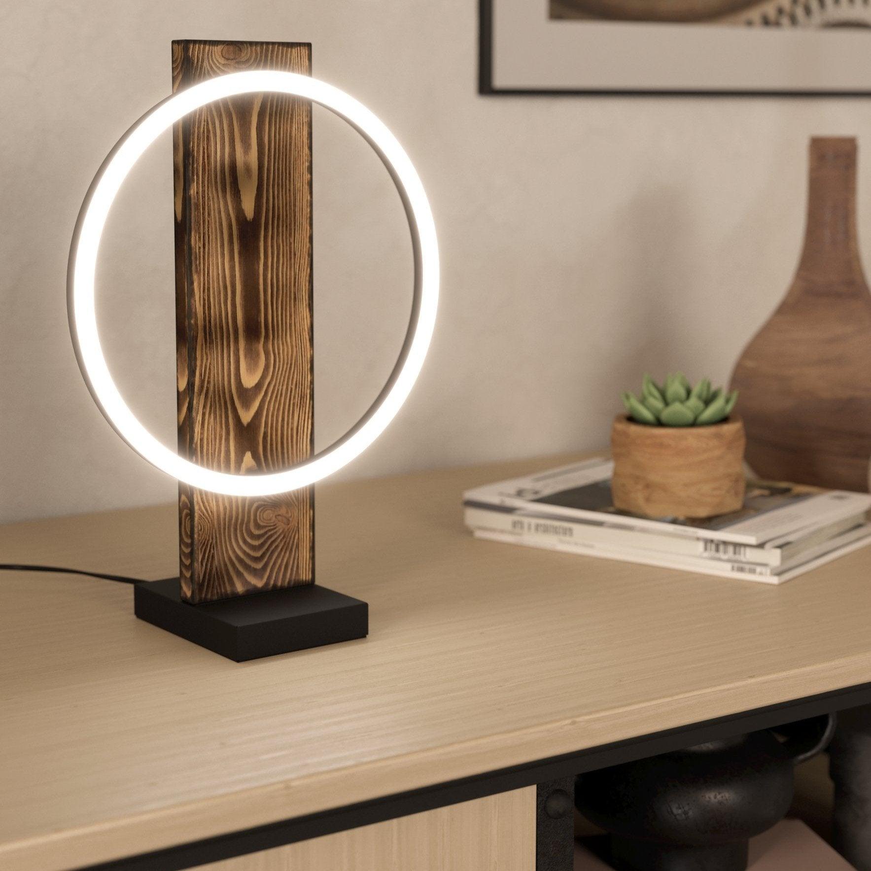 Eglo Boyal Mottled Wood LED Table Lamp - Modern Stylish Nightstand Light for Bedroom, Living Room & Office - Warm White Dimmable Lighting for Home Decor