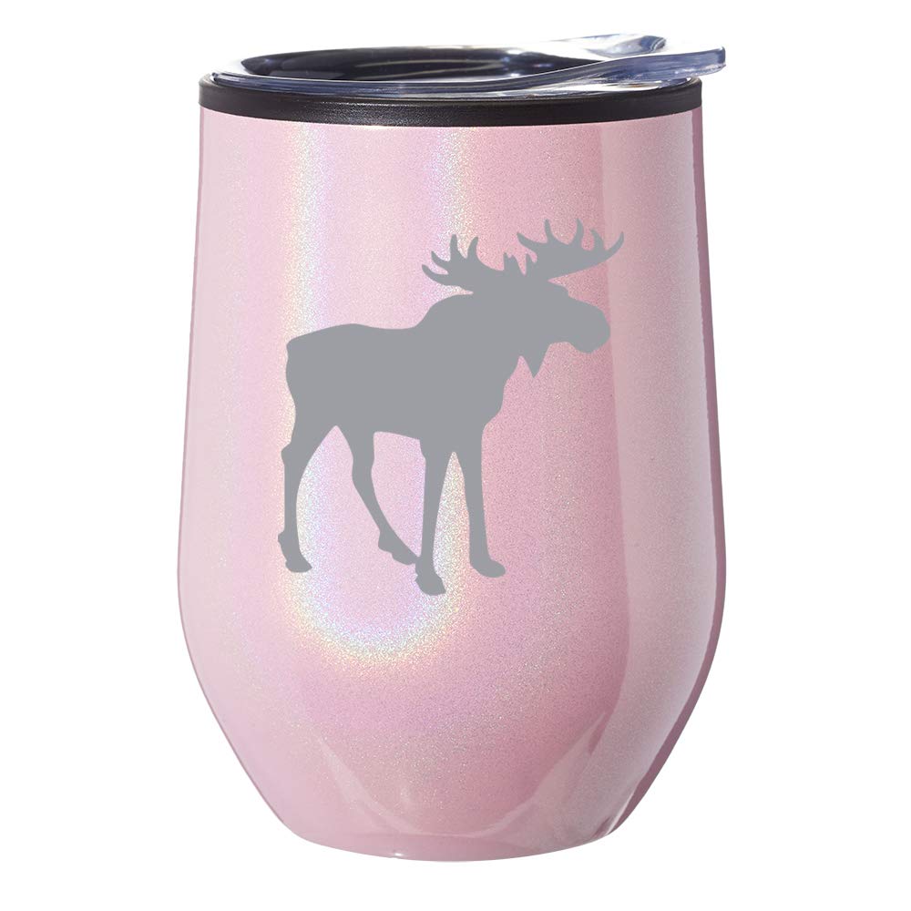 Stemless Wine Tumbler with Lid - 16oz Insulated Coffee Travel Mug - Pink Iridescent Glitter Moose Design - Perfect for Hot/Cold Beverages, Office, Picnics & Outdoor Adventures