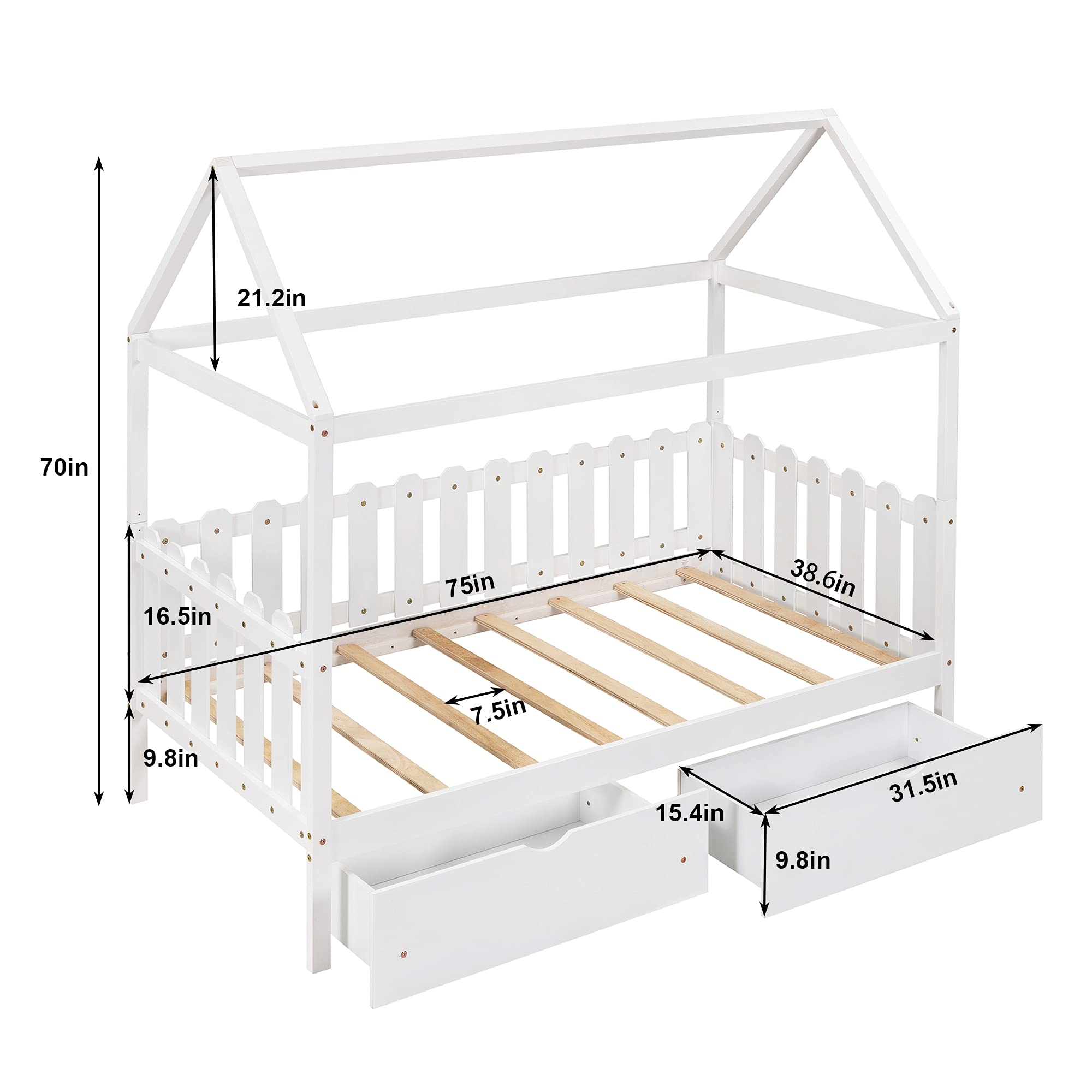 Modern Wooden Twin Size Platform Bed with 6 Drawers - Low Profile Daybed with Fence-Shaped Guardrail, No Box Spring Needed - Perfect for Small Bedrooms, Guest Rooms & Studio Apartments (White)