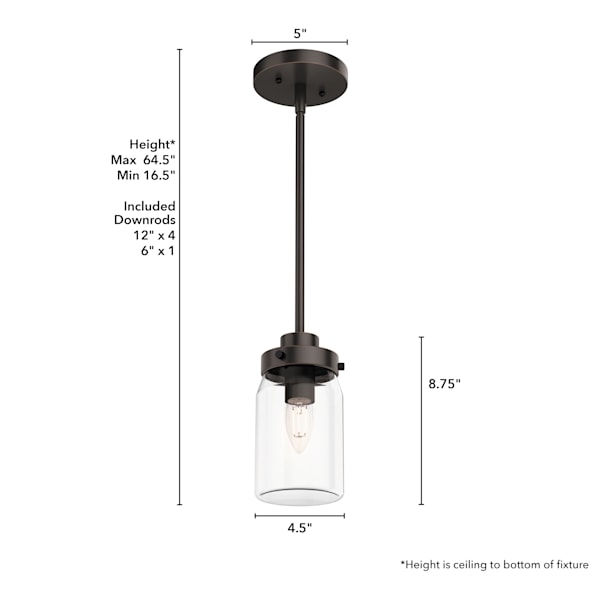 Hunter Devon Park 1-Light Mini Pendant in Onyx Bengal - Modern Black Ceiling Light Fixture for Kitchen Island, Dining Room & Bedroom Lighting