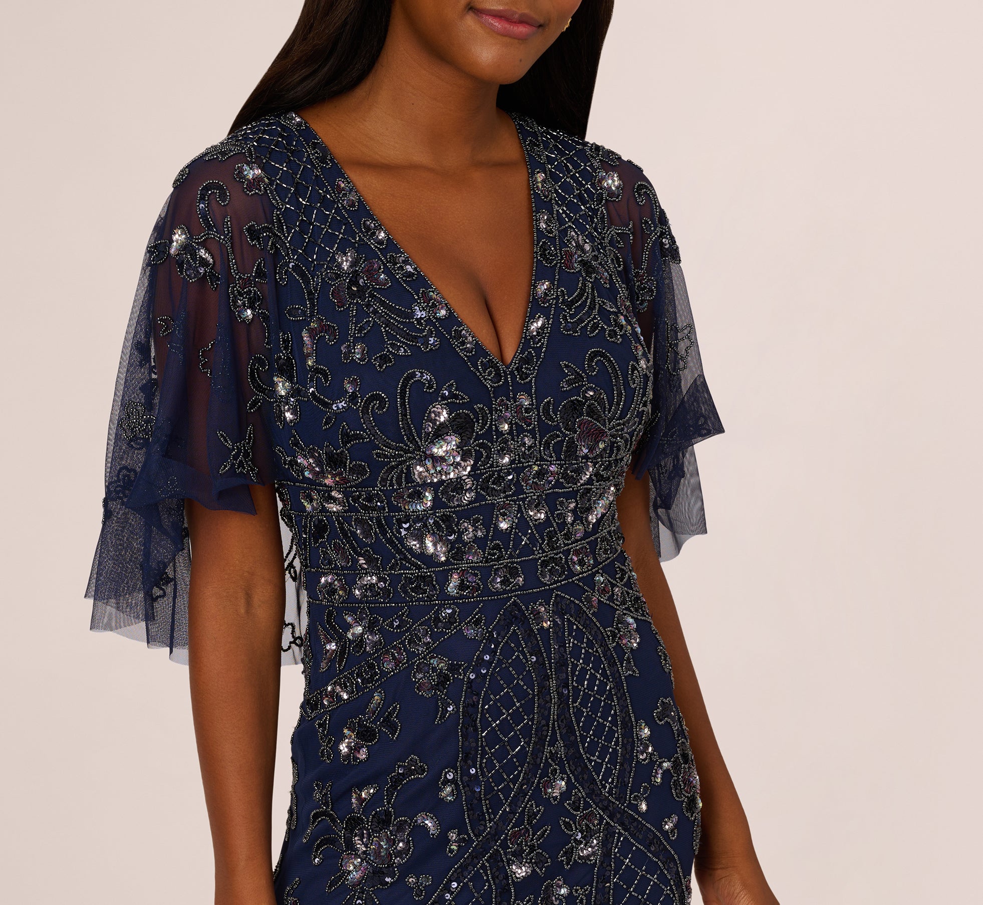 Light Navy Sequin Beaded Evening Gown with Sheer Cape Sleeves - Perfect for Prom, Gala & Formal Events