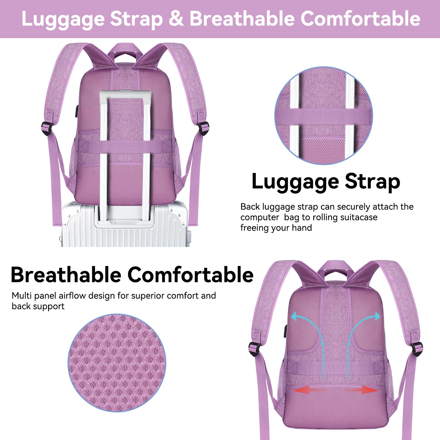 Voova Travel Laptop Backpack for Women & Men - USB Charging Port, Waterproof Slim Design, Fits 15.6 Inch Laptops - Durable Business Work & College Computer Bag (Purple) - Perfect for Commuting, Air Travel and Daily Office Use
