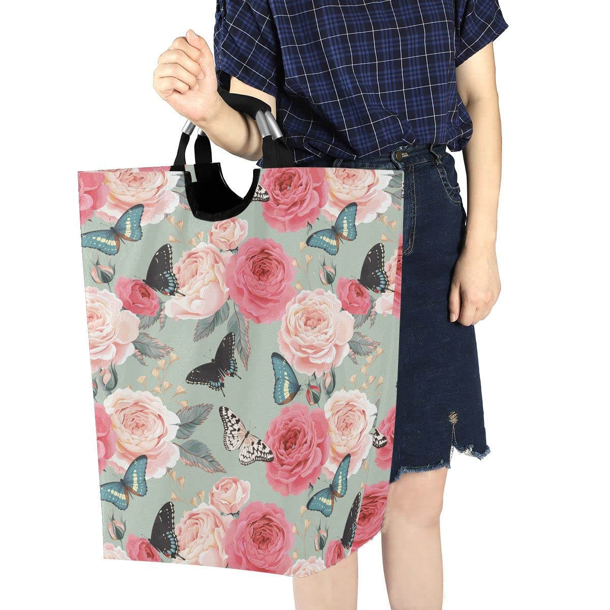 Foldable Collapsible Laundry Basket with Handles - Peony Roses & Butterfly Design for Laundry Room Decor, Bathroom Organization & Storage - Perfect for College Dorms, Apartments and Travel