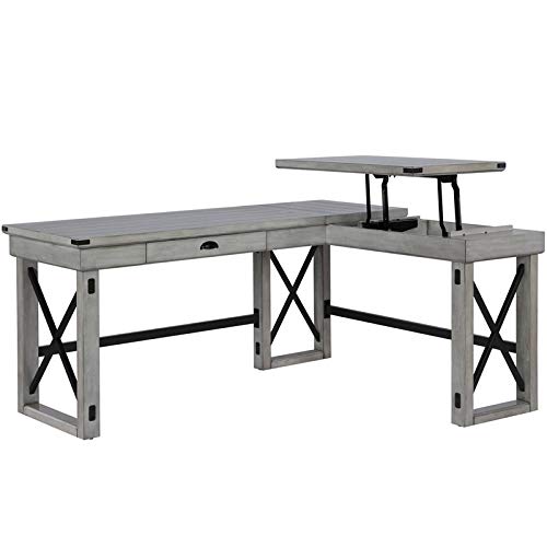 Pemberly Row Wood L-Shaped Desk with Lift Top in Rustic White - Perfect for Home Office, Study & Small Spaces