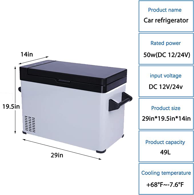 52 Quart Portable Car Refrigerator Freezer -7.6℉ to 68℉, 12V/24V DC Electric Cooler for RV, Truck, Boat & Camping | Perfect for Road Trips, Outdoor Adventures & Food Storage