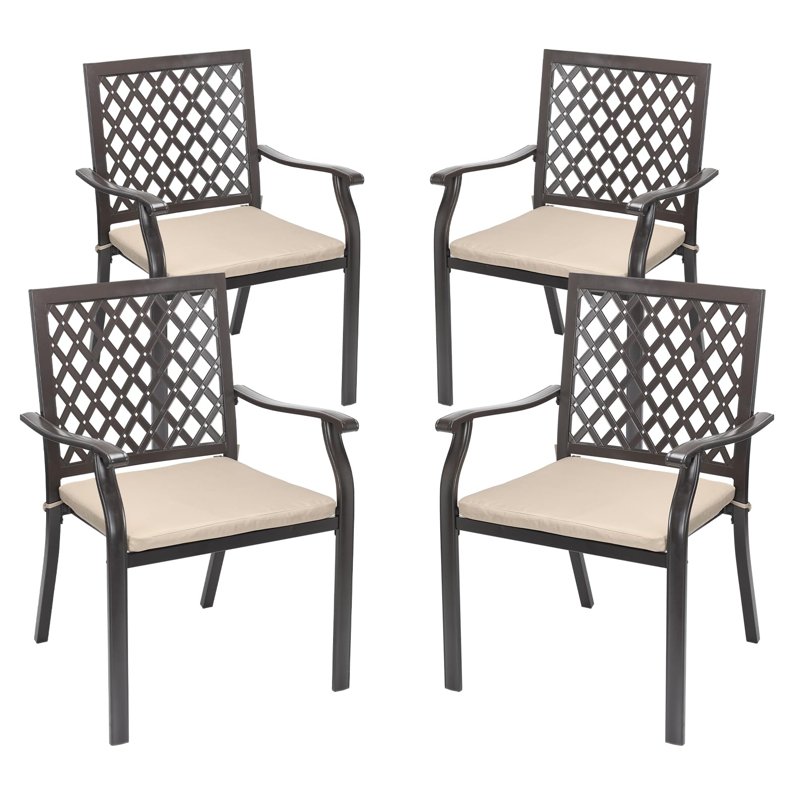 Aoodor 4-Piece Outdoor Stackable Metal Dining Chairs Set with Comfortable Strapped Seat Cushions - Weather-Resistant Patio Furniture for Garden, Backyard, Poolside & Courtyard Dining
