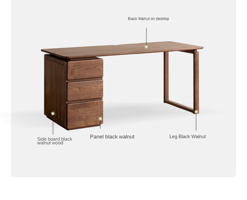 Premium Black Walnut Solid Wood Desk with Built-in Storage Cabinet - Modern Home Office Workstation for Professionals & Remote Workers