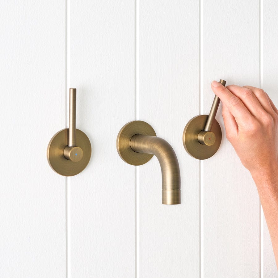 Antique Brass Sydney Wall Spout with Double Handle Taps - Vintage Bathroom Faucet for Farmhouse & Traditional Sink Decor