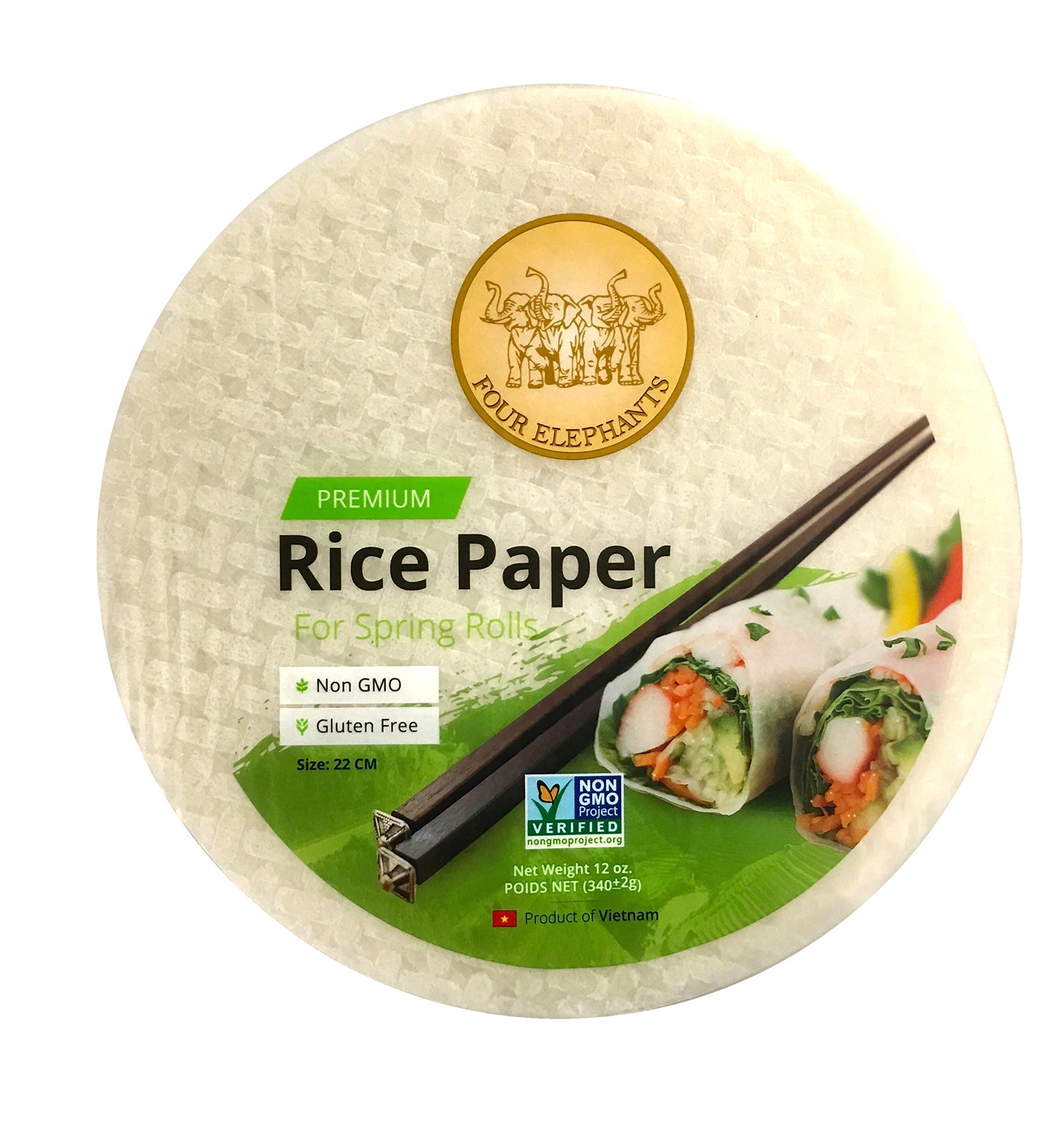 Premium 22cm Round Rice Paper Wrappers - Non-GMO, Pack of 2 (12oz Each) | Four Elephants Brand Restaurant Quality Spring Roll Skins | Quick 1-2-3 Second Prep | Perfect for Vietnamese Summer Rolls, Fresh Spring Rolls & DIY Wraps at Home
