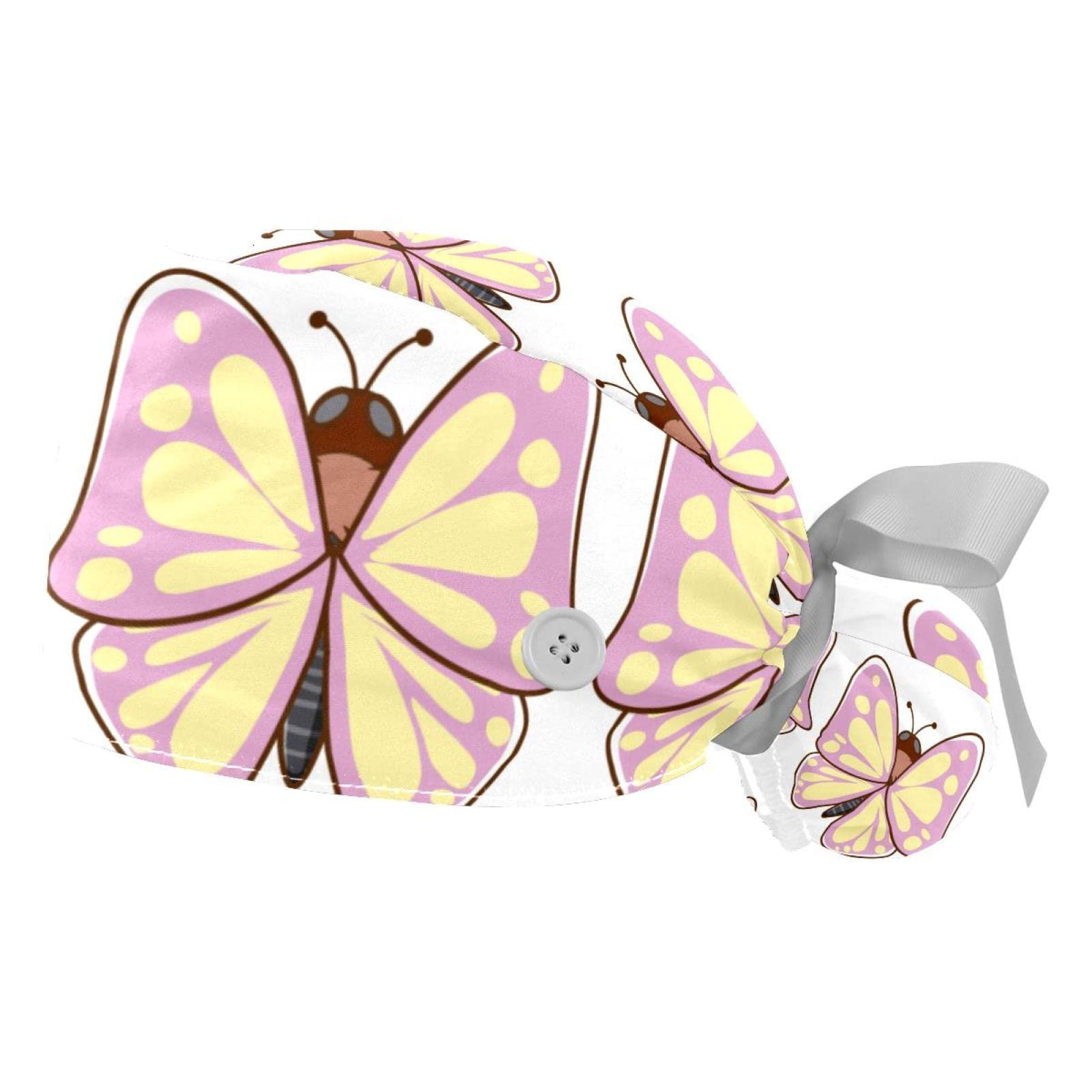 Butterfly Print Scrub Hats for Women & Men - 2 Pack Long Hair Surgical Caps with Button Closure & Sweatband - Comfortable Unisex Tie Back Nurse Hats for Hospital, Clinic & Healthcare Workers