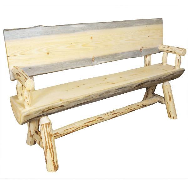 Montana Half Log Bench with Back & Arms - Rustic Outdoor Wooden Bench for Patio, Garden, and Backyard - Perfect for Relaxing, Camping, and Picnics