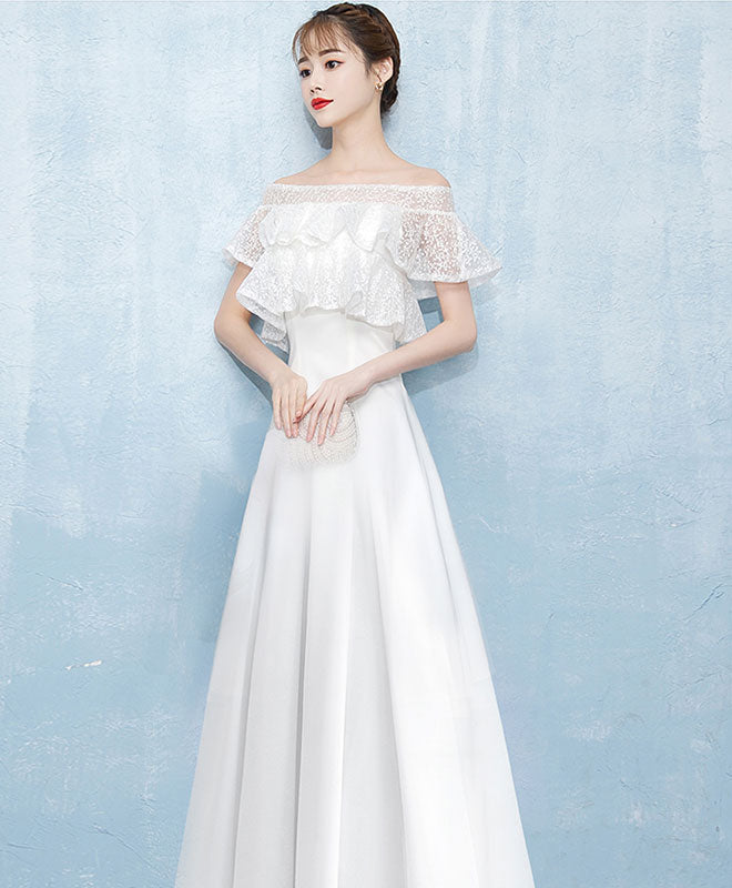 Elegant White A-Line Lace Satin Long Prom Dress for Evening Gala, Homecoming, Wedding & Formal Events - Plus Size Options Available