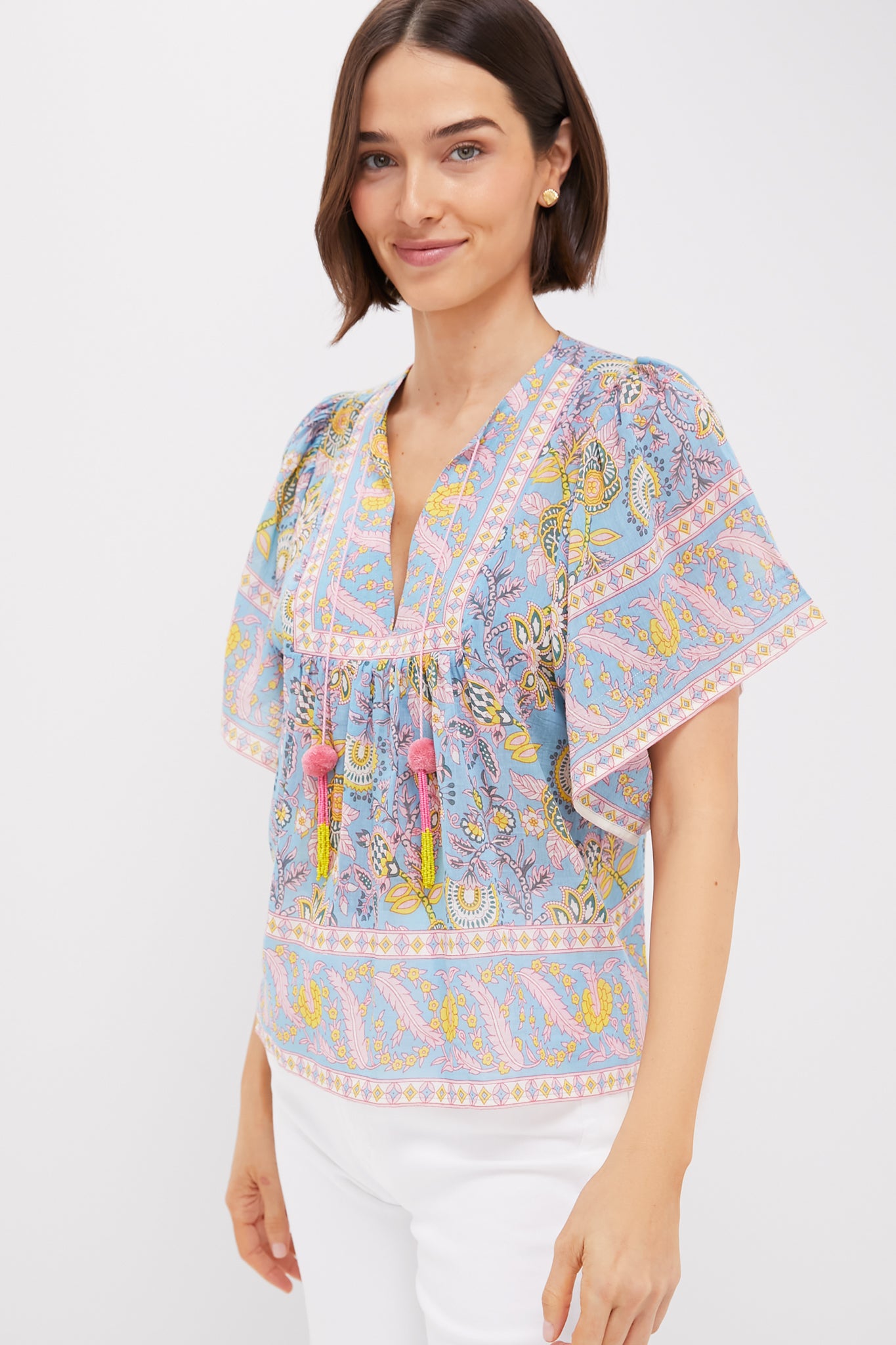 Blue and Yellow Printed Angel Top - Stylish Women's Blouse for Casual Wear, Parties & Special Occasions