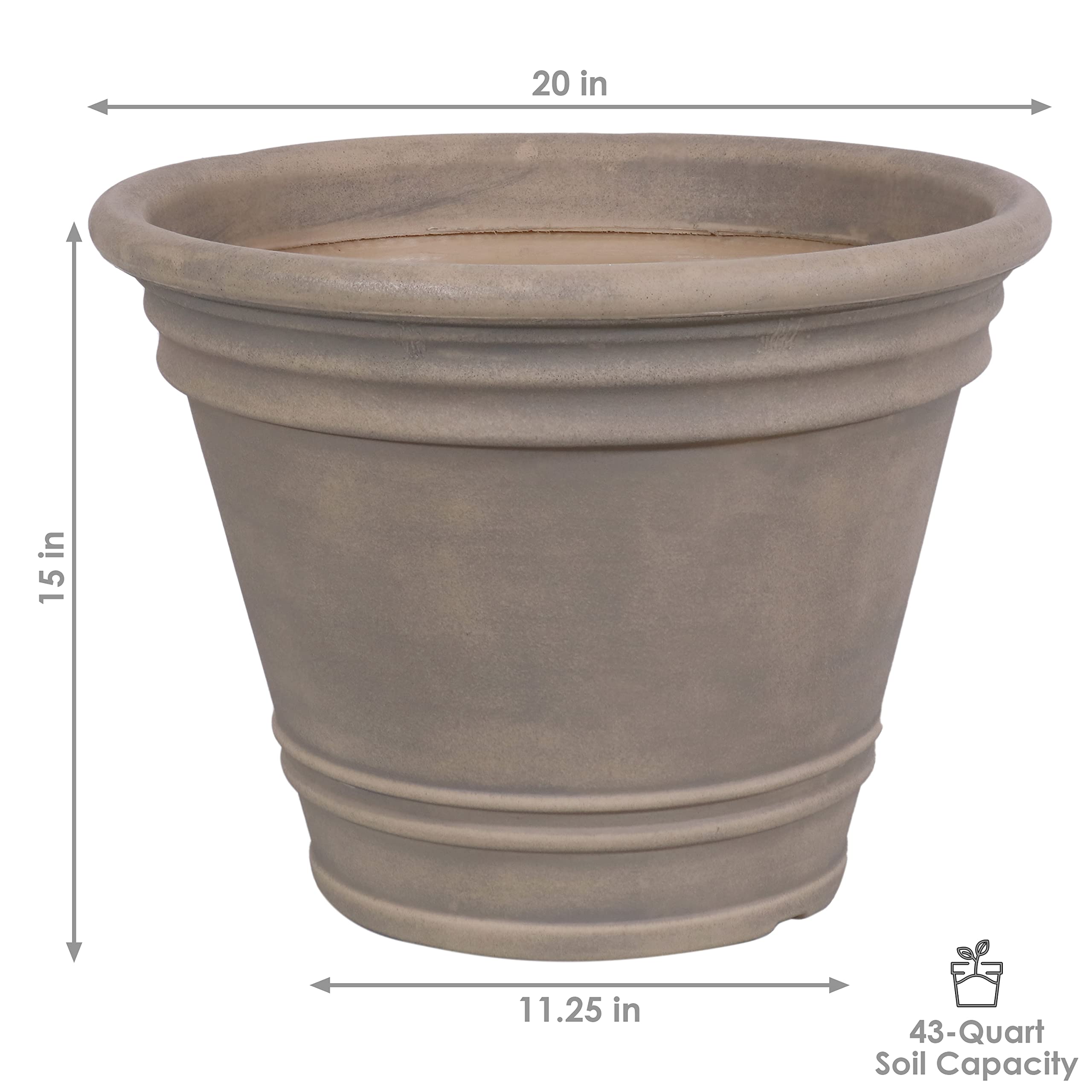 Sunnydaze 20-Inch Large Franklin Outdoor Planter - 2 Pack Beige Polyresin Round Garden Pot with Drainage Hole - Perfect for Patio, Deck, Porch & Backyard Decor