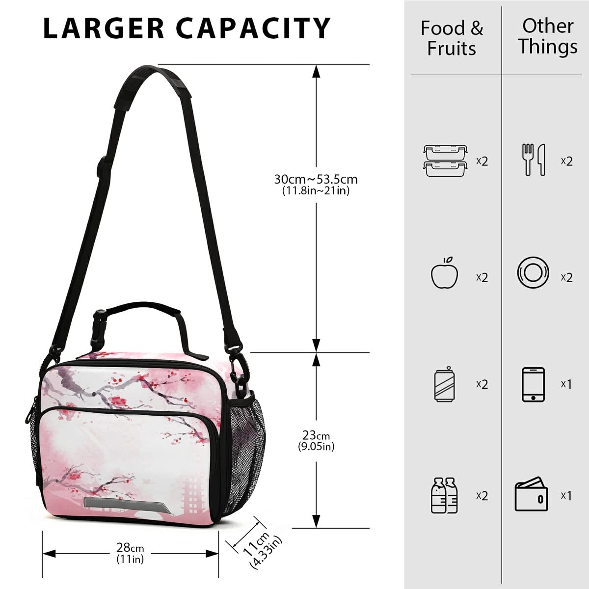 Nander Insulated Japanese Cherry Blossom Lunch Bag - Reusable Cooler Tote with Adjustable Shoulder Strap for School, Work & Picnic - Perfect for Women, Men & Kids (Bento Box Container, Office Lunch, Outdoor Activities)