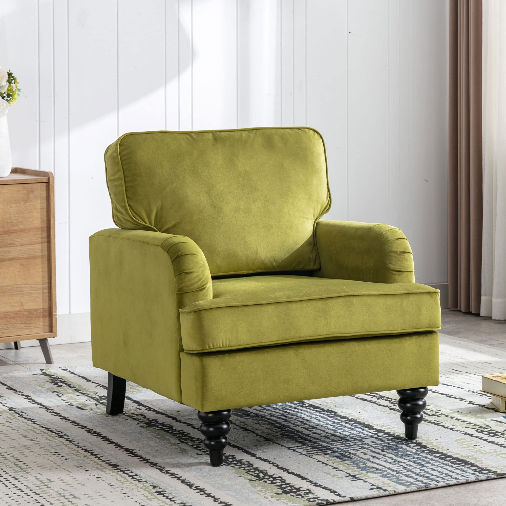 Midcentury Modern Velvet Accent Chair - Comfy Armchair for Reading & Relaxing, Single Sofa Couch in Olive Green - Perfect for Bedroom, Living Room & Salon Decor