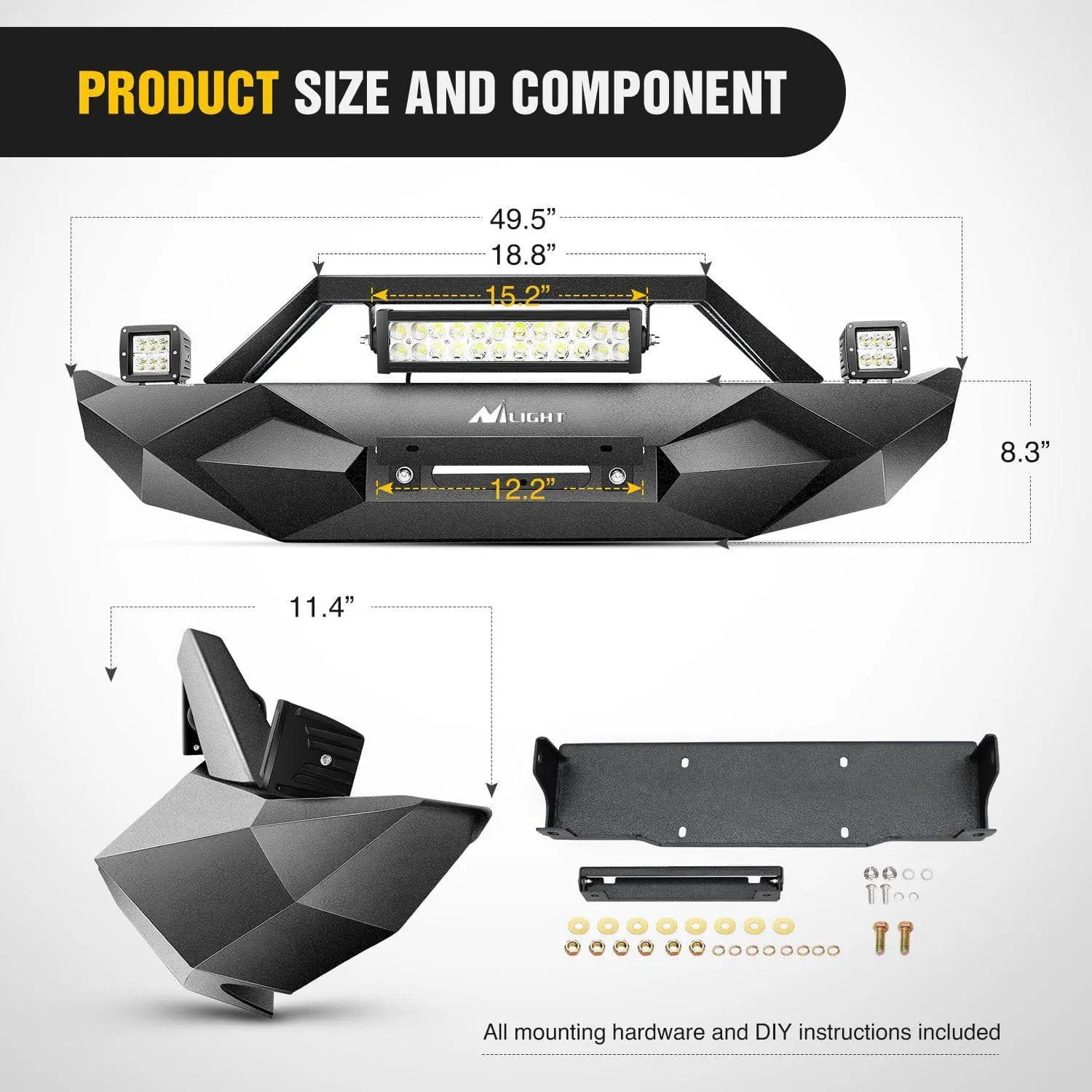 Jeep Wrangler JL Front Bumper Winch Plate with 72W LED Light Bar & 2x 18W LED Work Lights (2018-2023) - Off-Road Adventure & Night Driving Accessories