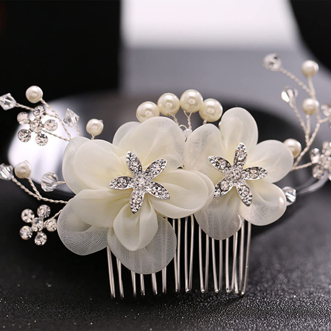 JUSTUSNX Silver Bridal Wedding Headpiece - Pearl Flower Hair Comb with Crystals for Women & Girls - Perfect for Weddings, Prom, and Formal Events