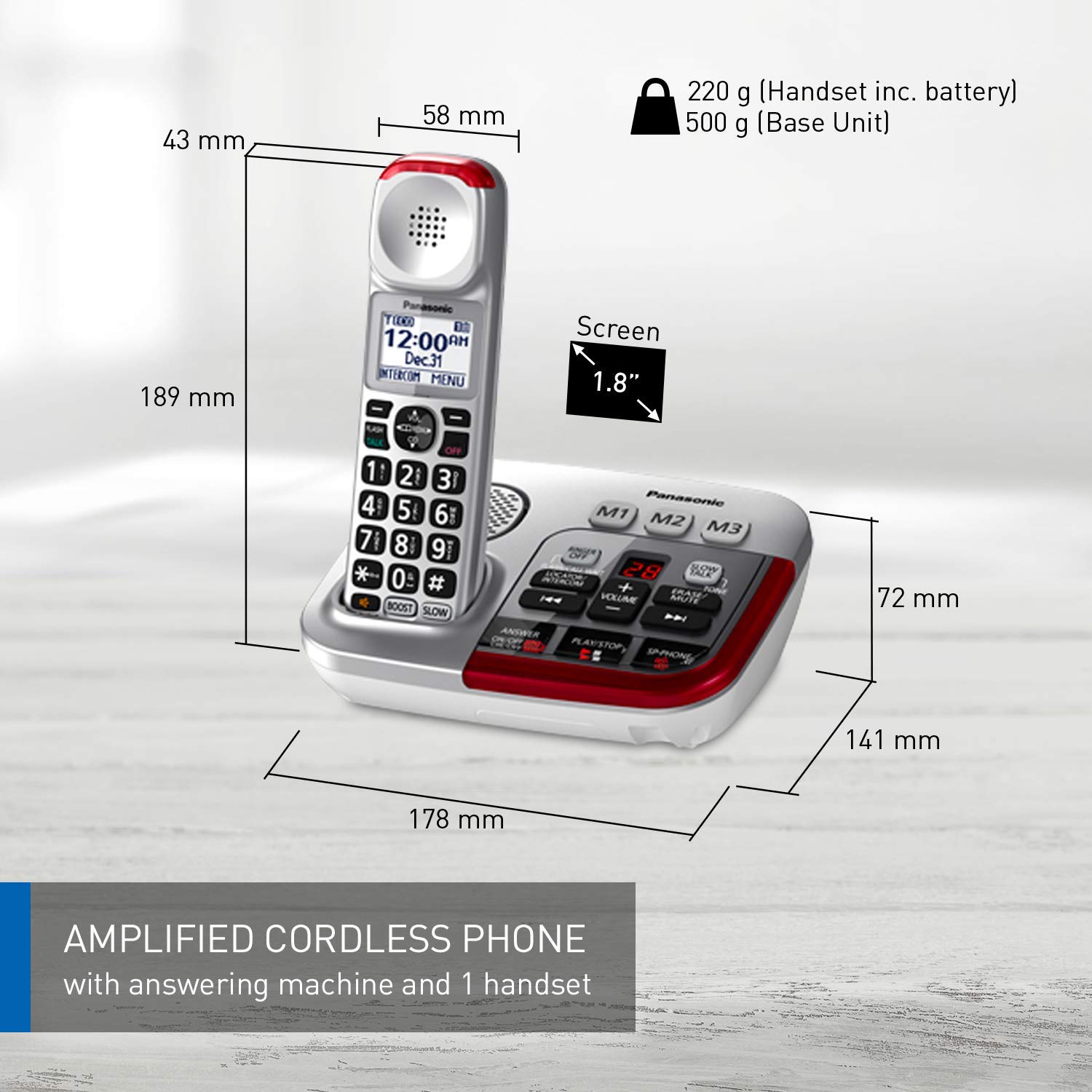 Panasonic KX-TGM490CS Silver Amplified Cordless Phone with Answering Machine, Call Blocking & Talking Caller ID - 1 Handset - Ideal for Home, Office & Elderly Users with Hearing Needs