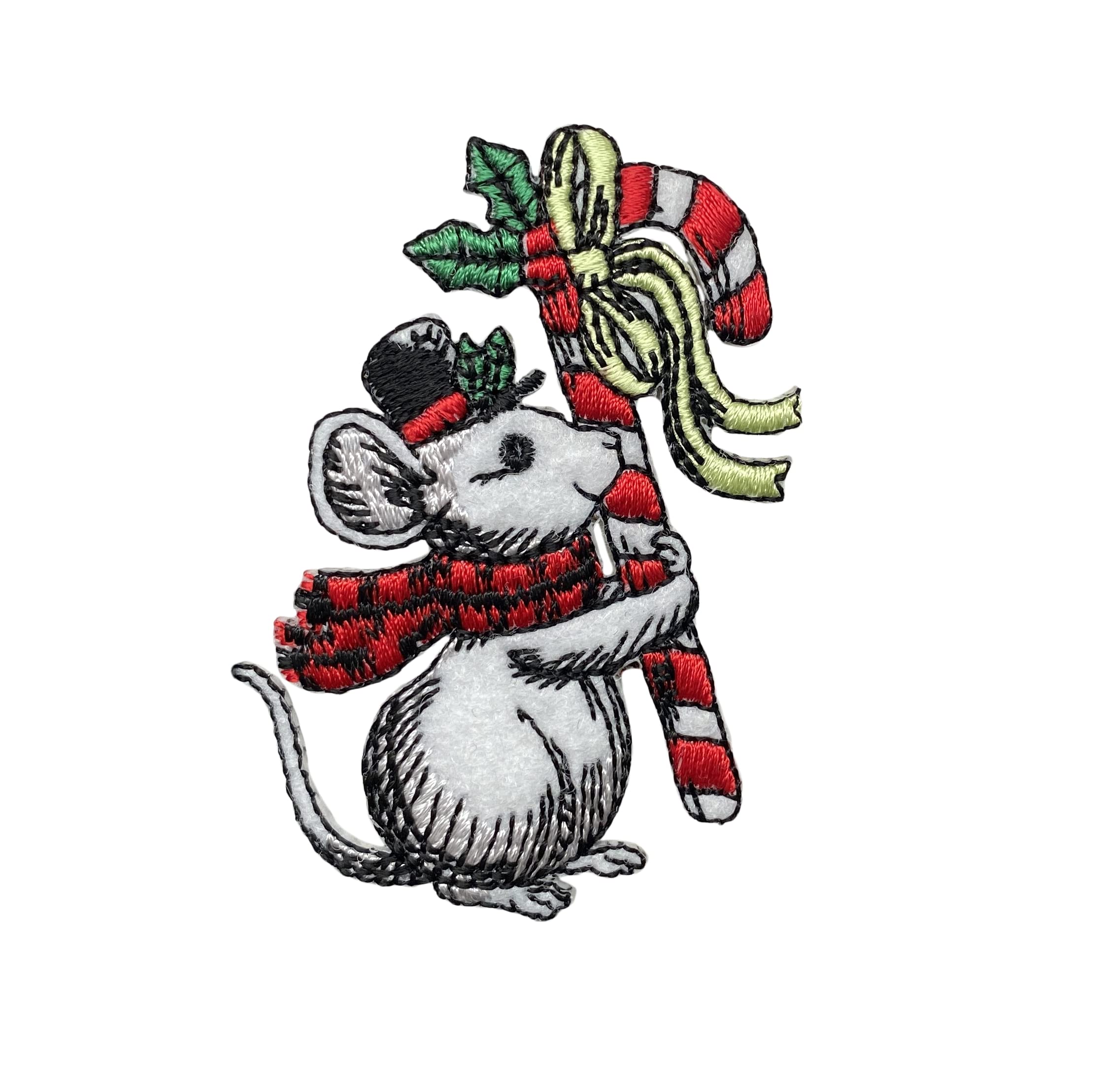 Festive Christmas Mouse with Candy Cane & Top Hat - Embroidered Iron-On Patch for DIY Holiday Decor, Costumes & Gifts - Perfect for Jackets, Bags & Stockings
