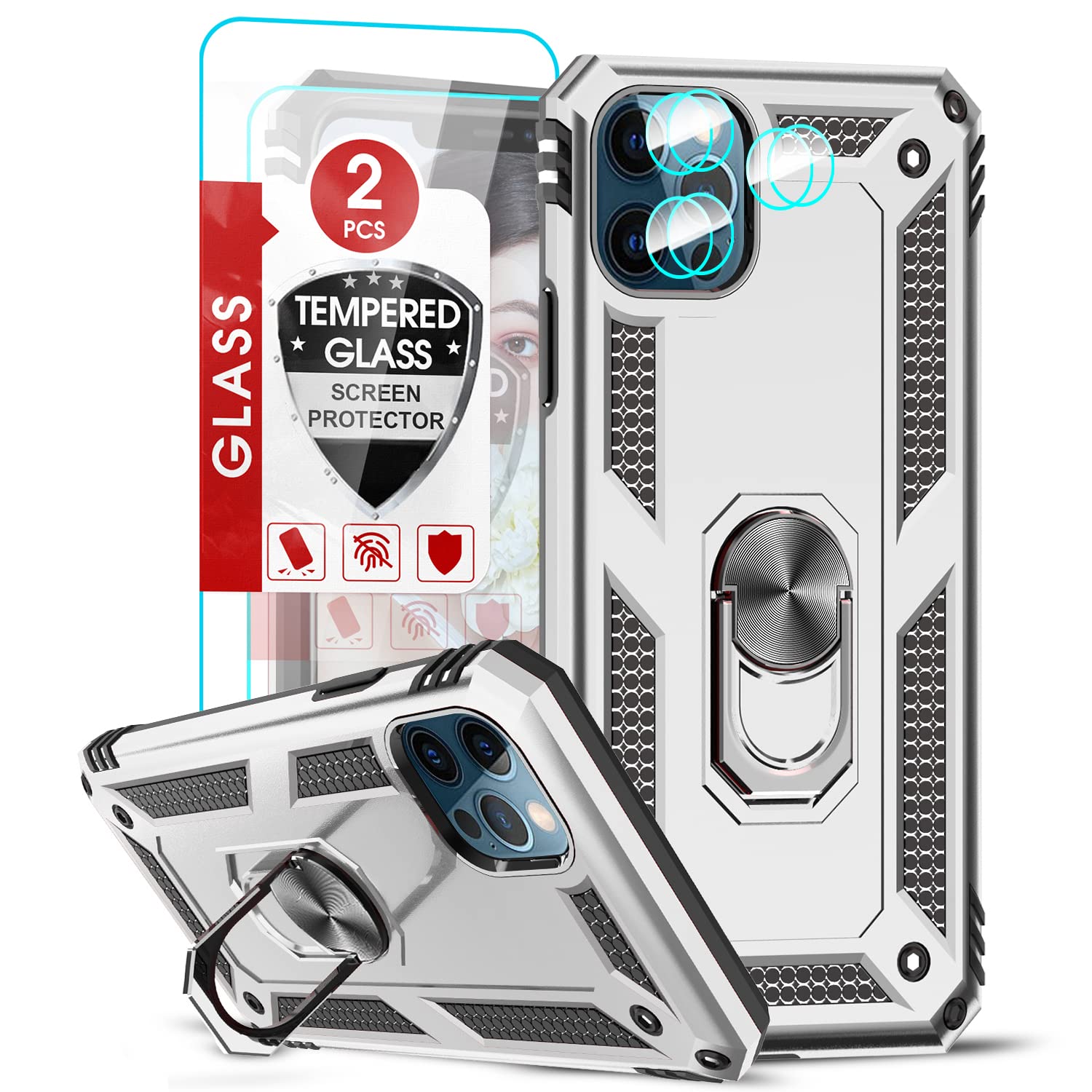 Military-Grade iPhone 12 Pro Max Case with Kickstand - 2 Pack Tempered Glass Screen Protector & Camera Lens Protector | Shockproof Protective Cover for Men & Women | Perfect for Outdoor, Travel & Daily Use (Silver)