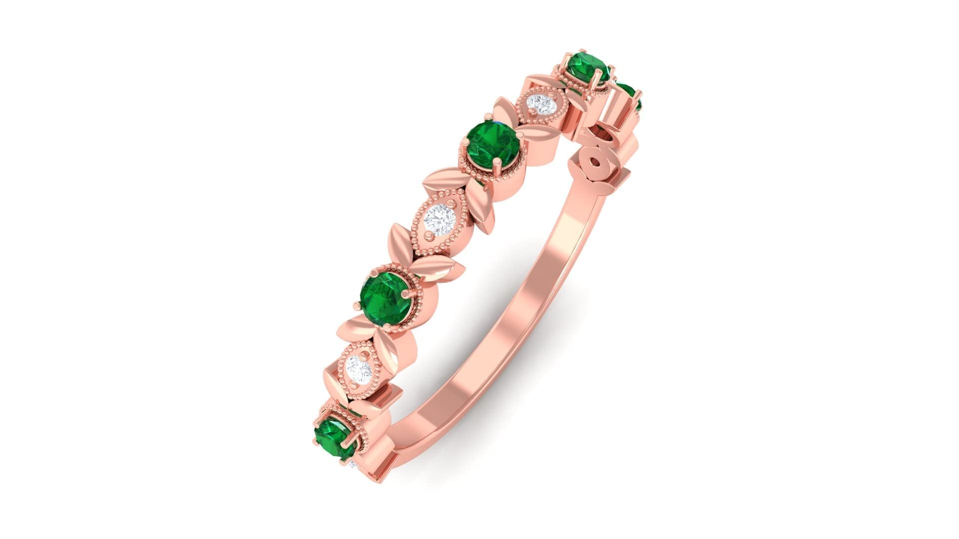 1/4 CT Emerald and Diamond Ring - 14K Solid Gold Half Eternity Band with Leaf Design | Perfect for Anniversary Gifts, Engagement Rings & Special Occasions