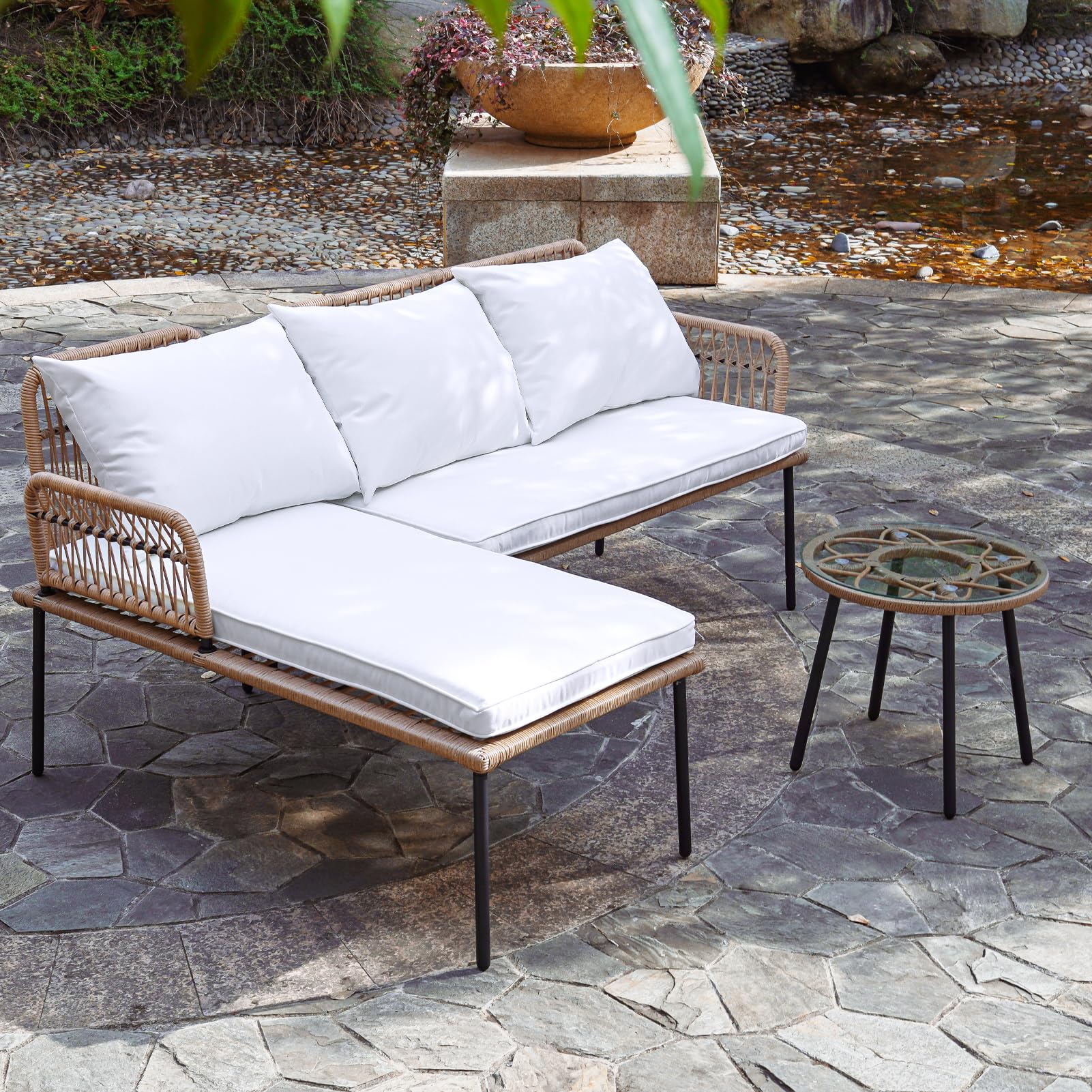 Boho Woven Outdoor Patio Furniture Set of 3 - L-Shaped Conversation Sofa with Detachable Lounger & Side Table, White Thick Cushions - Perfect for Backyard, Balcony, Porch & Garden Relaxation